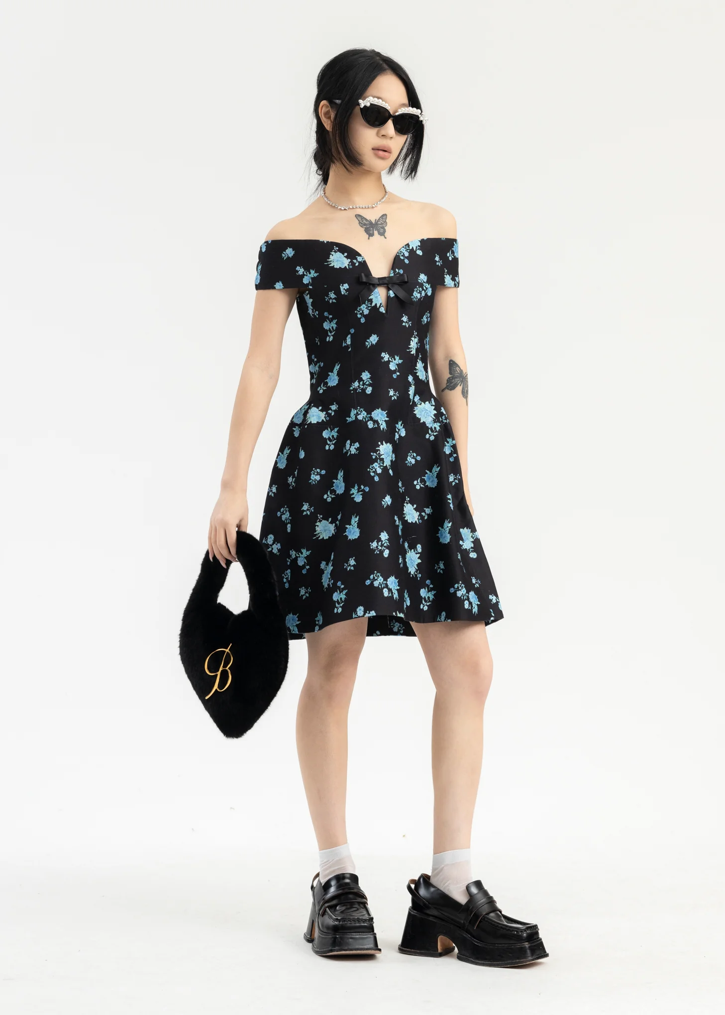 Black Printing Curved One-Shoulder Dress - Image 5