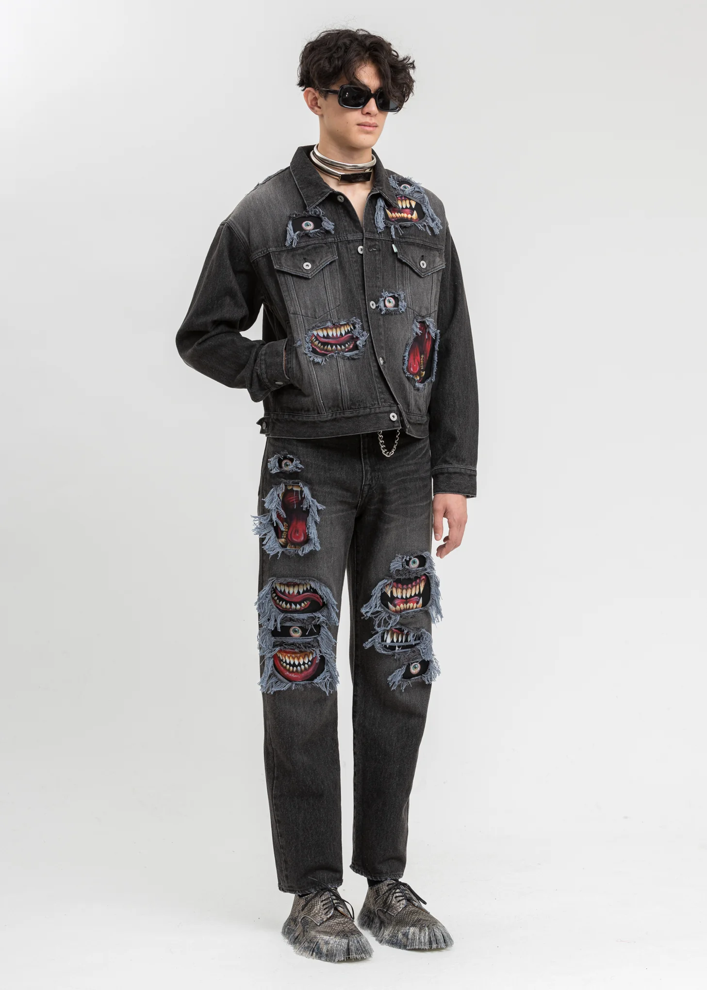 Black Recycle Denim Monster Repair Jacket - Image 9