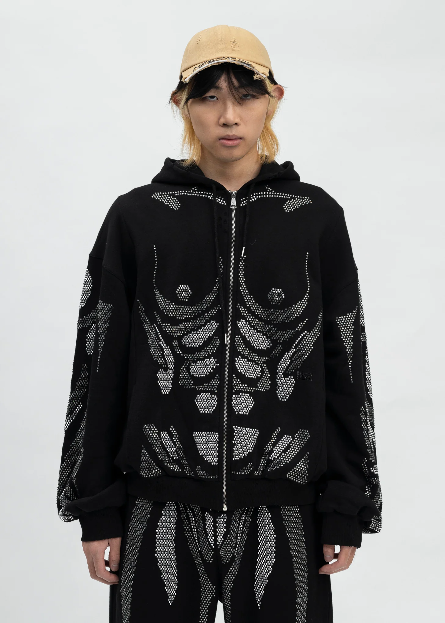 BLACK RHINESTONES RHINESTONES ZIP-UP HOODIE