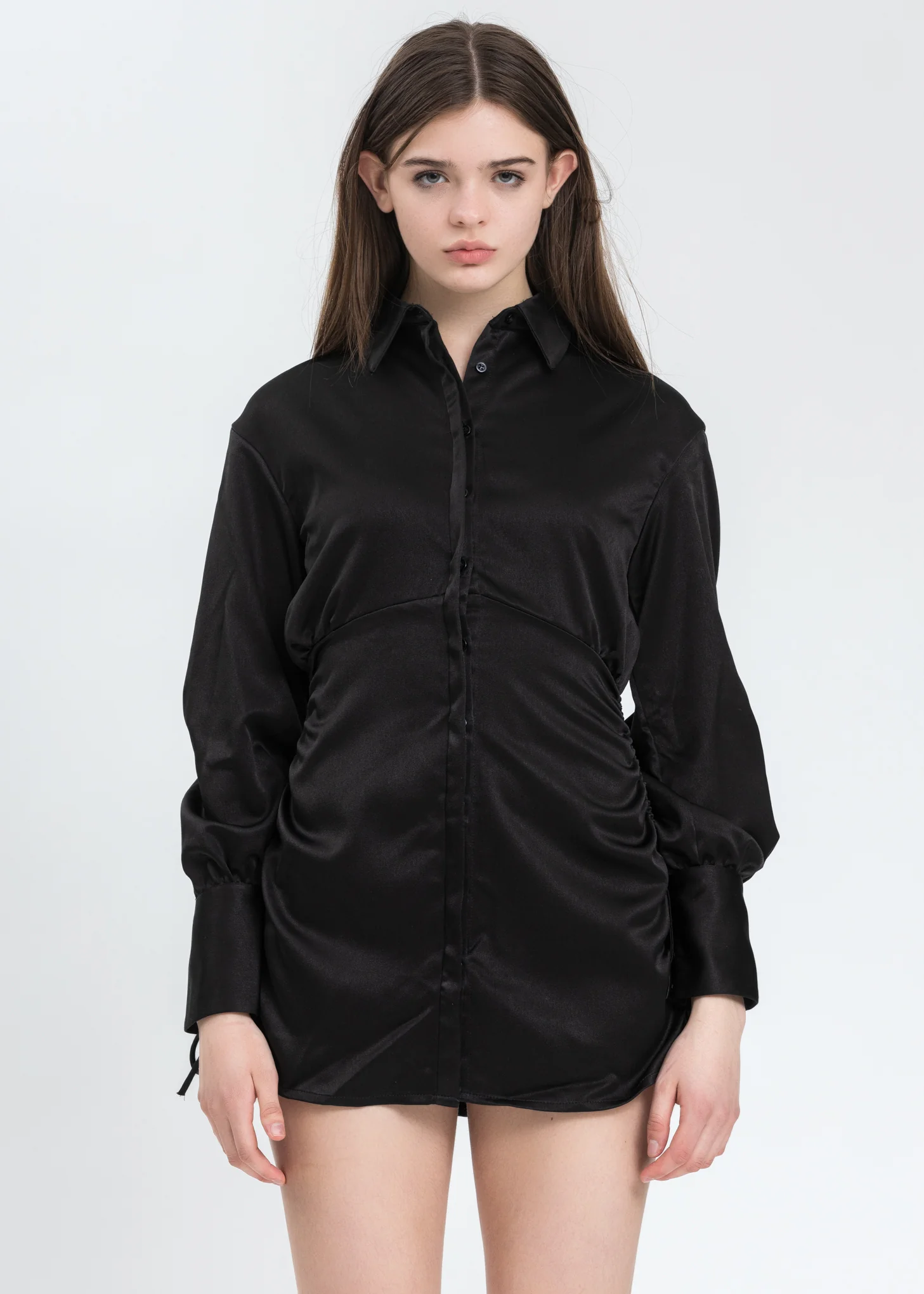 Black Ruched Button-Up Dress