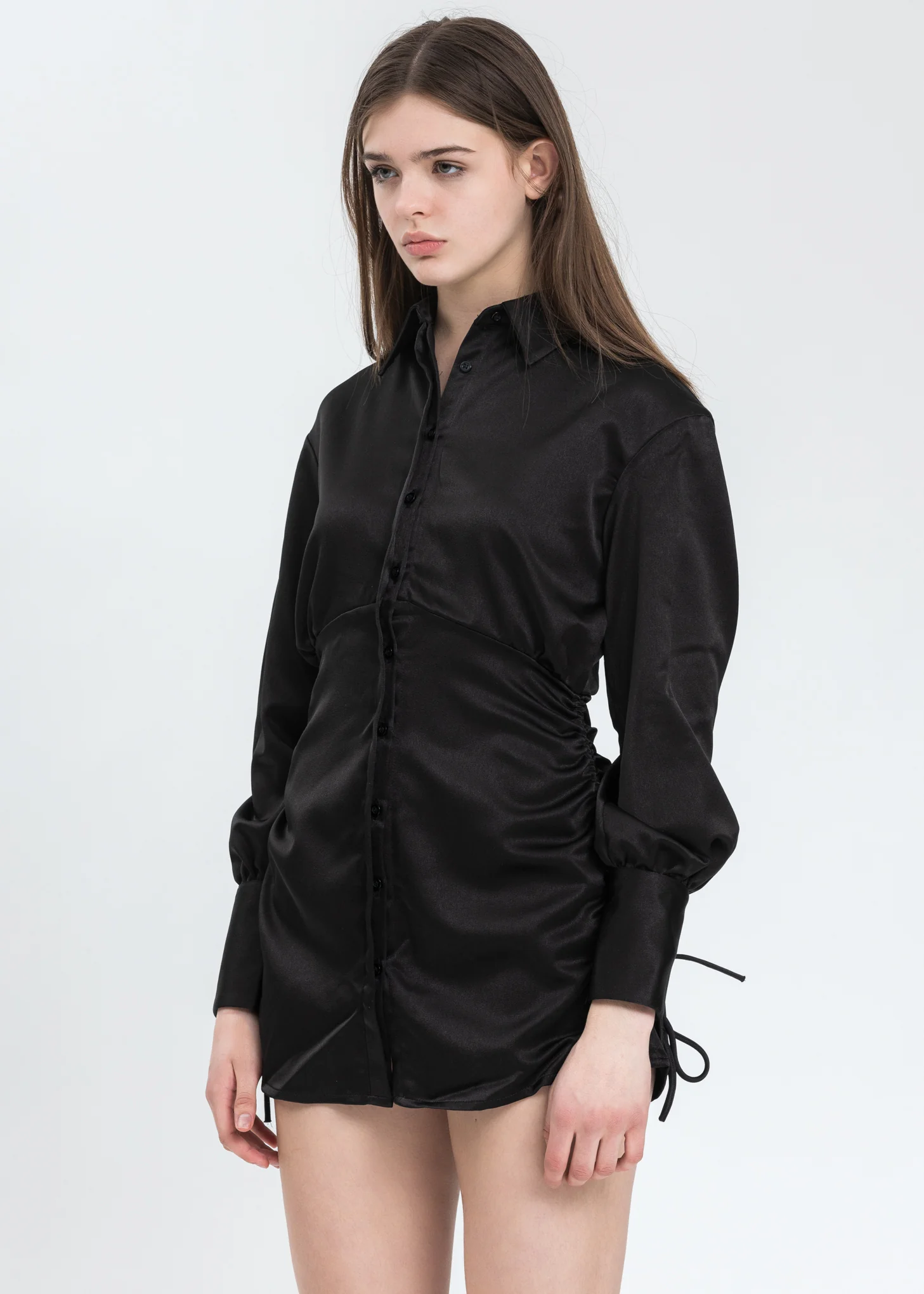 Black Ruched Button-Up Dress - Image 3
