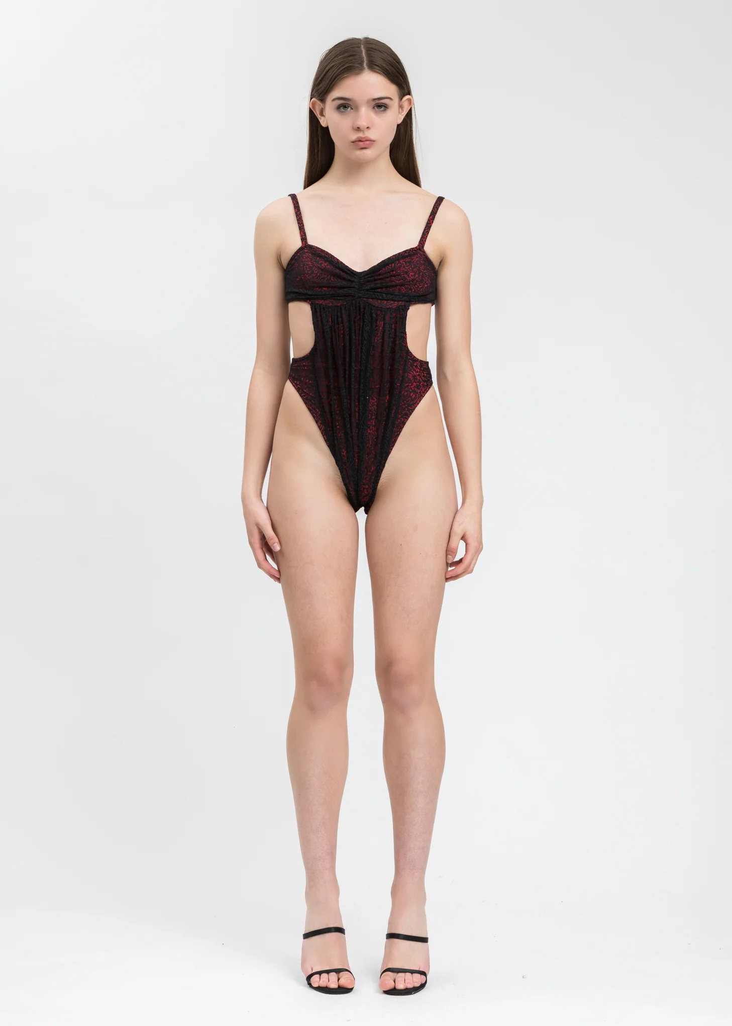 Black Ruched Cutout Lace Bodysuit