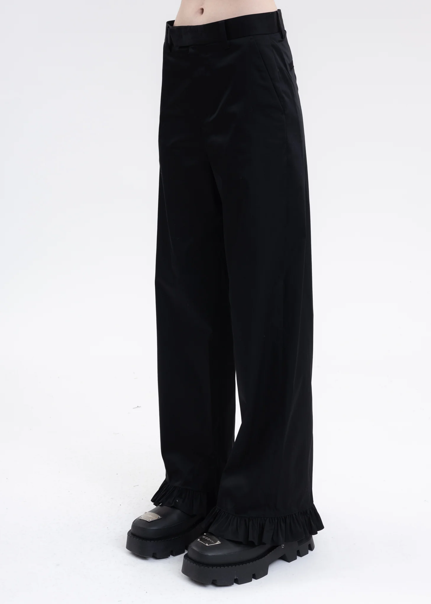 BLACK RUFFLE DETAIL REGULAR FIT TROUSERS