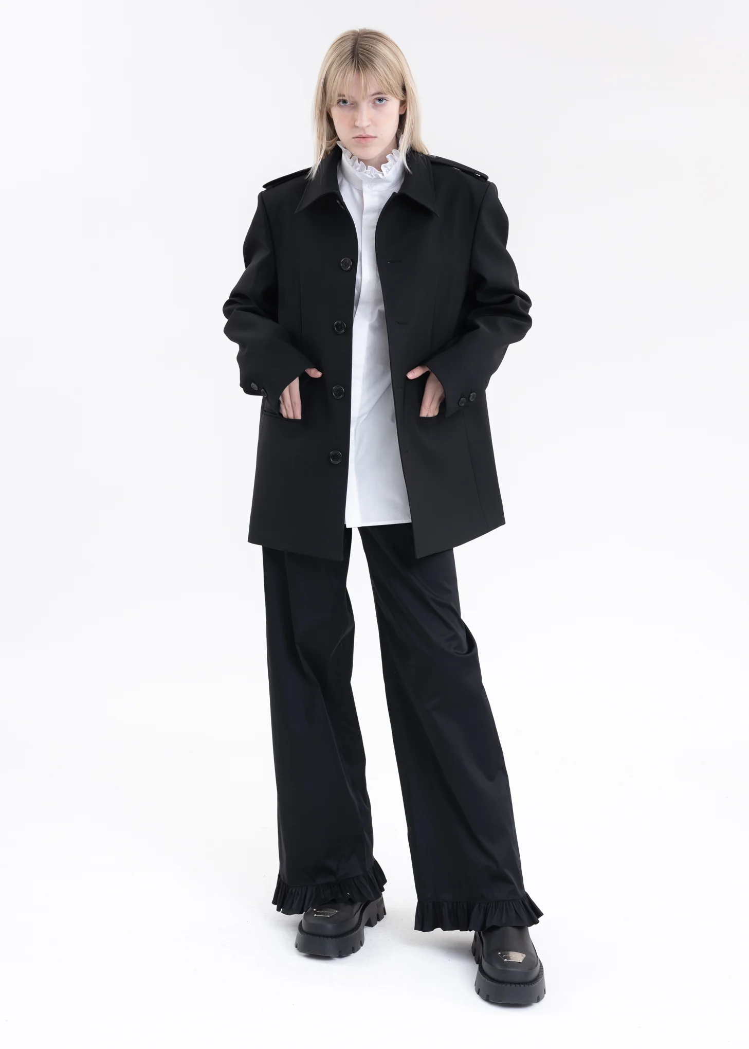 BLACK RUFFLE DETAIL REGULAR FIT TROUSERS - Image 7