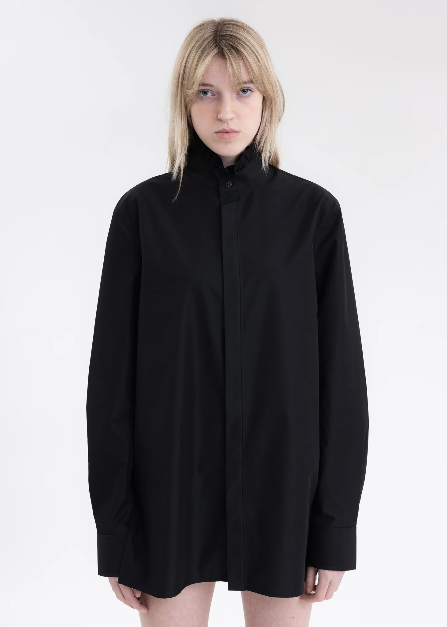 BLACK RUFFLE DETAIL STAND COLLAR SHIRT