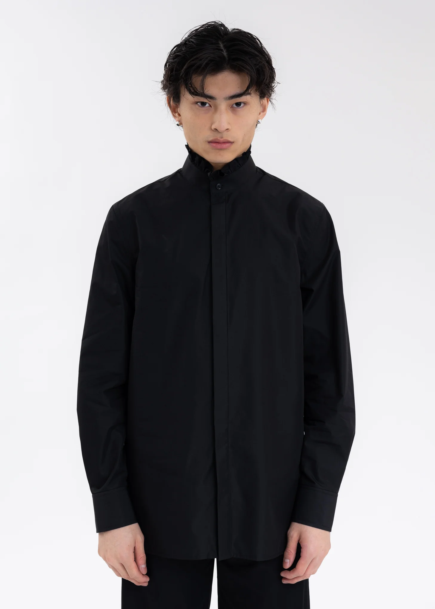 BLACK RUFFLE DETAIL STAND COLLAR SHIRT