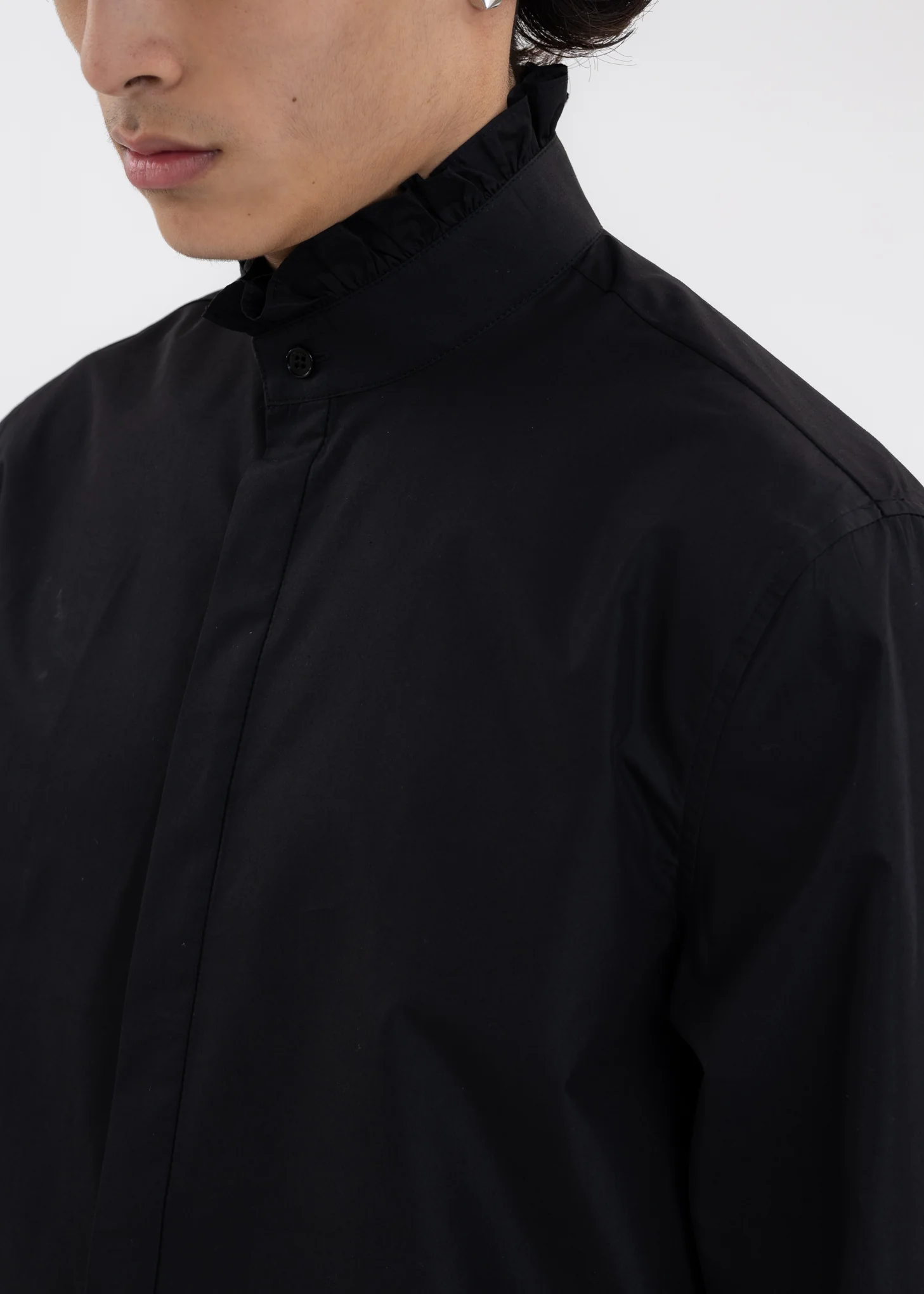 BLACK RUFFLE DETAIL STAND COLLAR SHIRT - Image 2