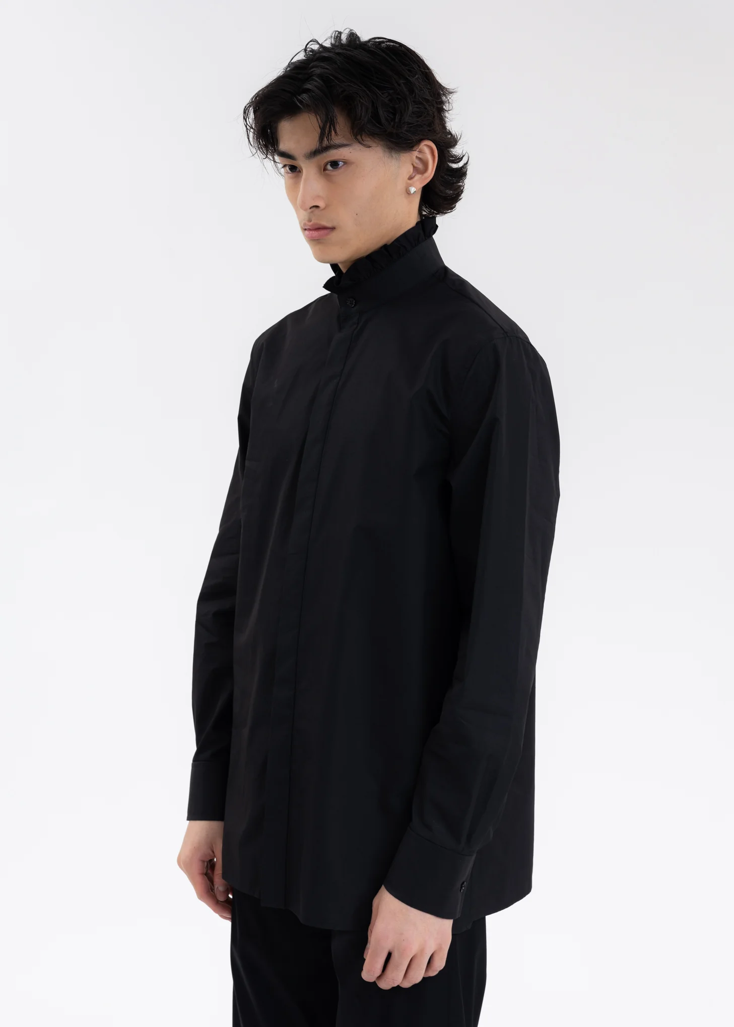 BLACK RUFFLE DETAIL STAND COLLAR SHIRT - Image 3
