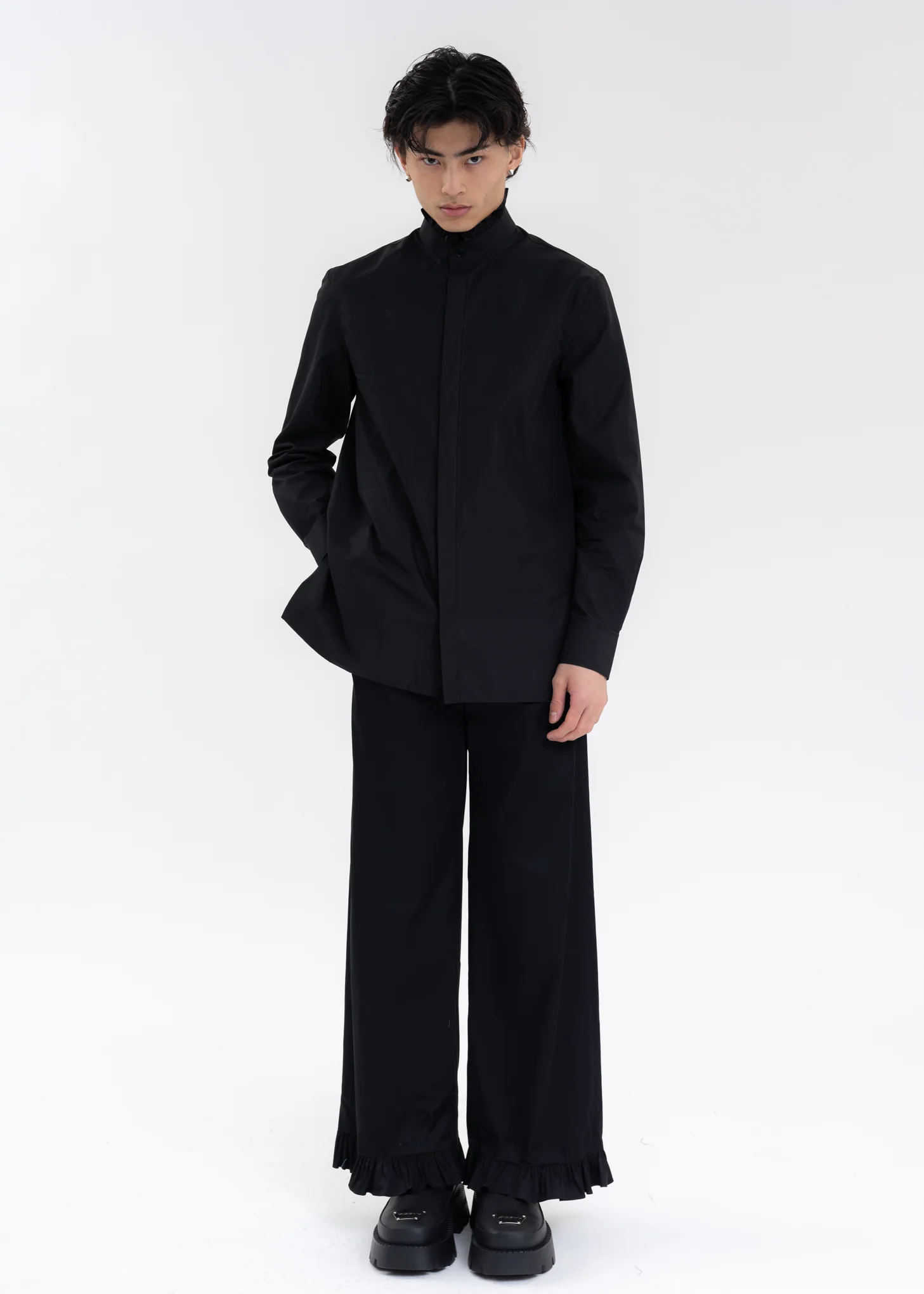 BLACK RUFFLE DETAIL STAND COLLAR SHIRT - Image 5