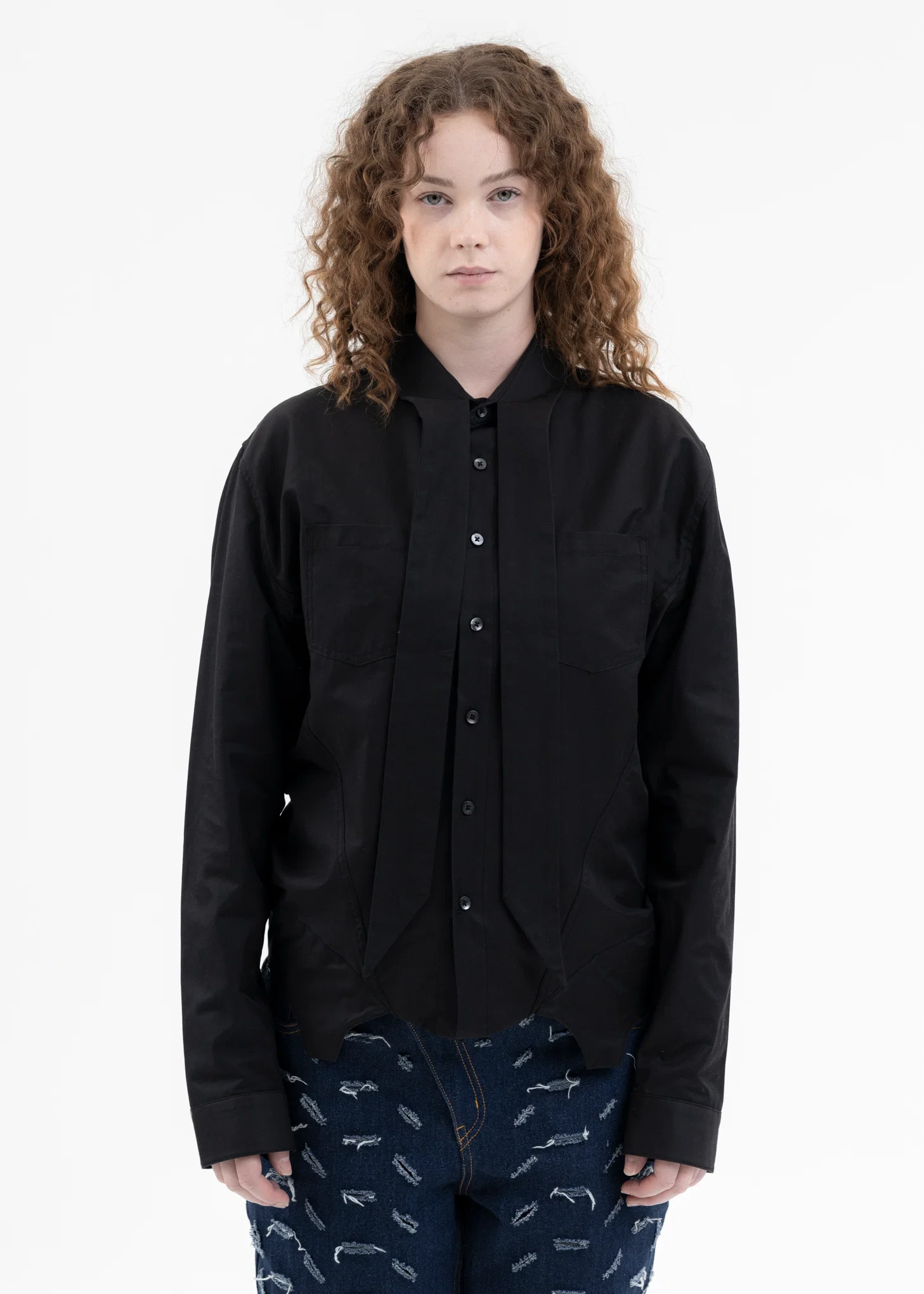 BLACK SCARF TIE-NECK CORSET SHIRTS