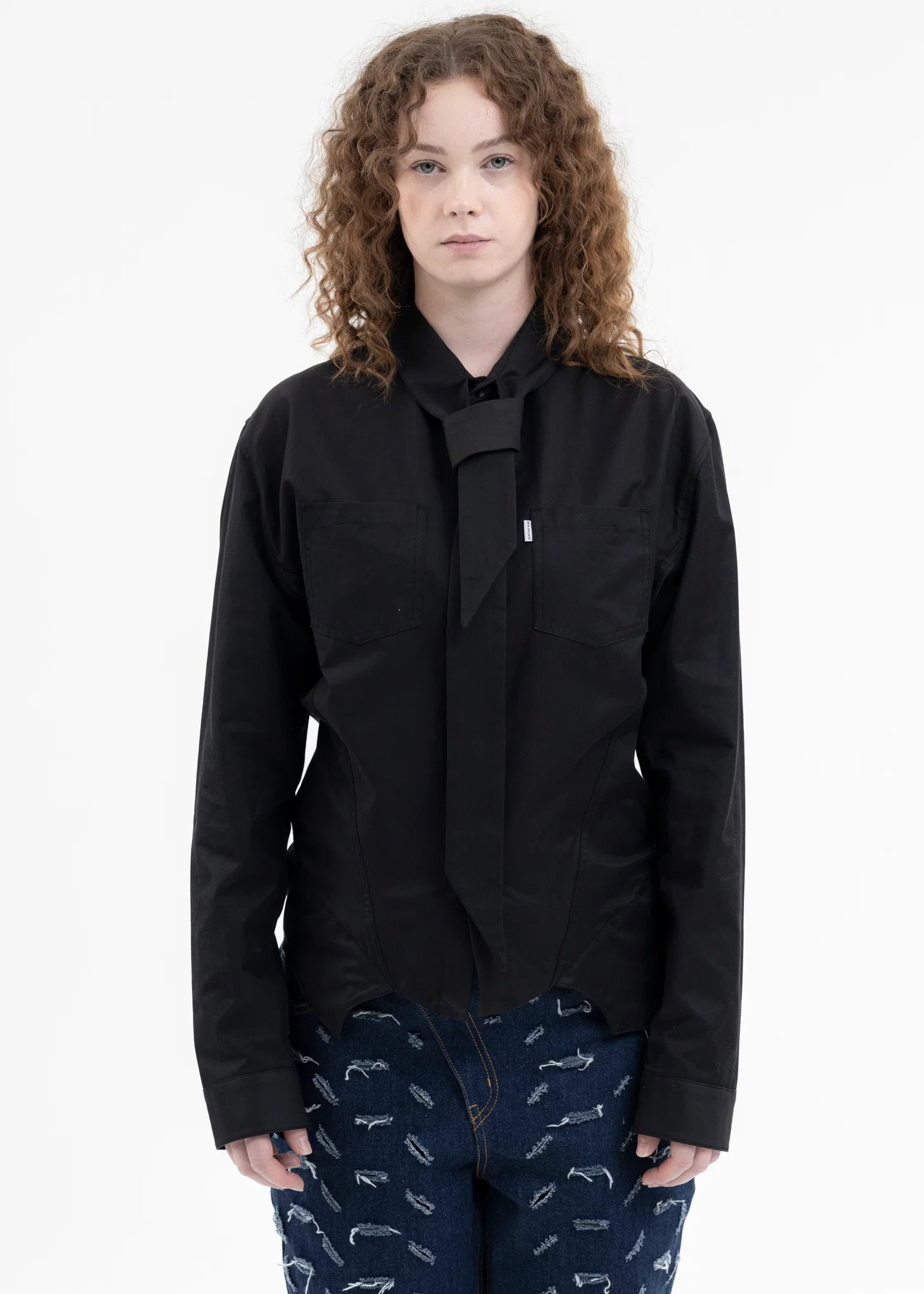 BLACK SCARF TIE-NECK CORSET SHIRTS - Image 2