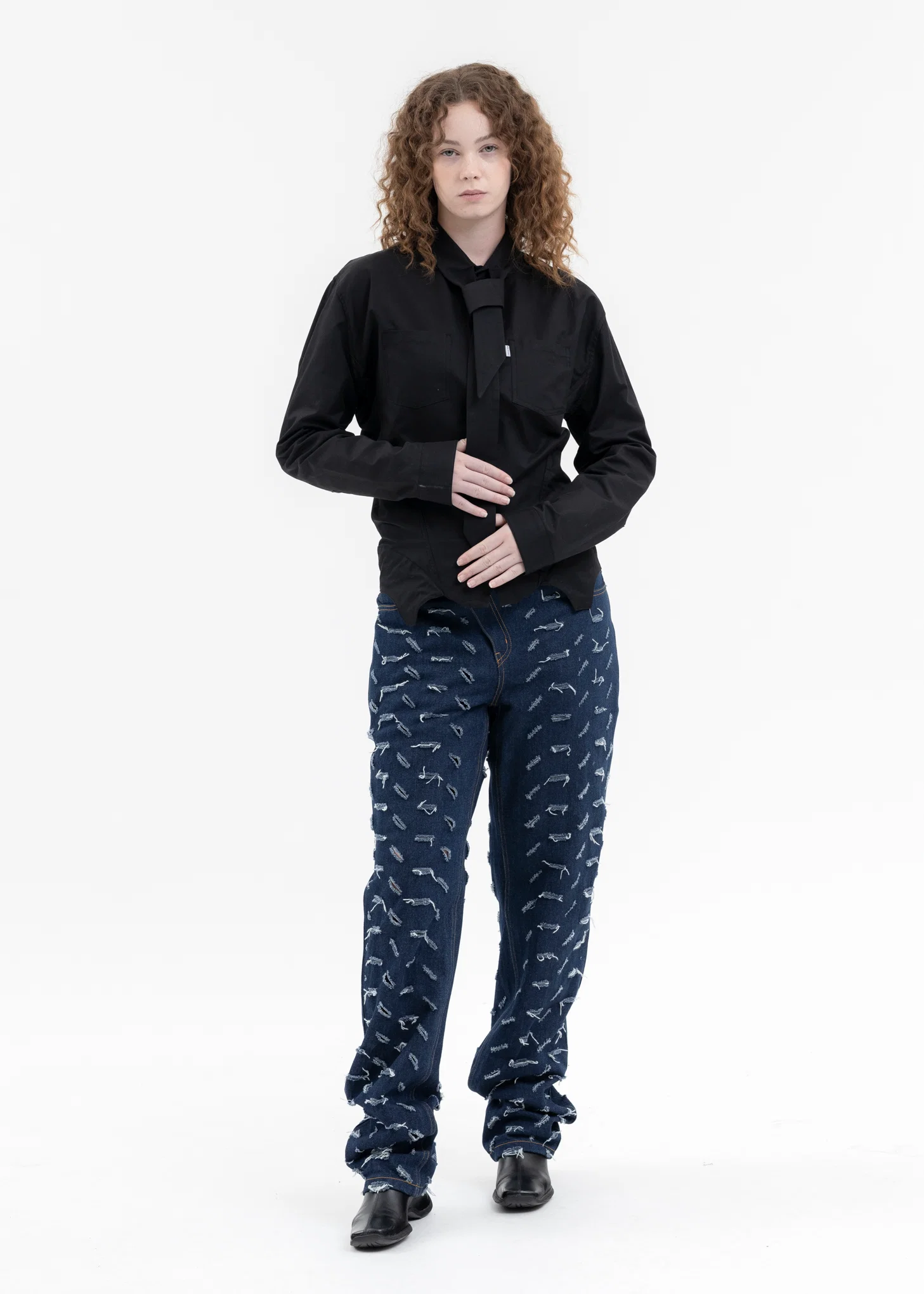 BLACK SCARF TIE-NECK CORSET SHIRTS - Image 6