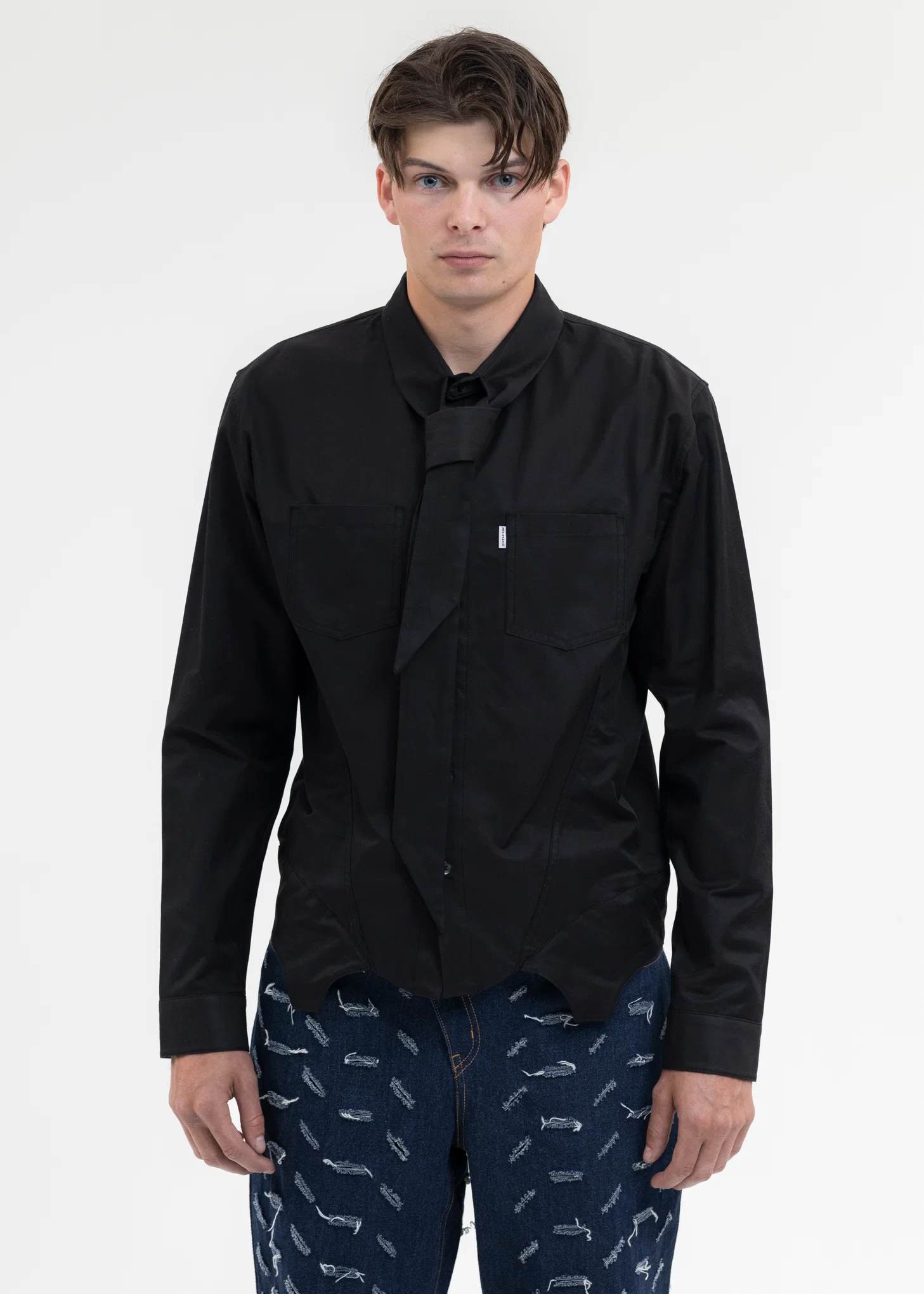BLACK SCARF TIE-NECK CORSET SHIRTS