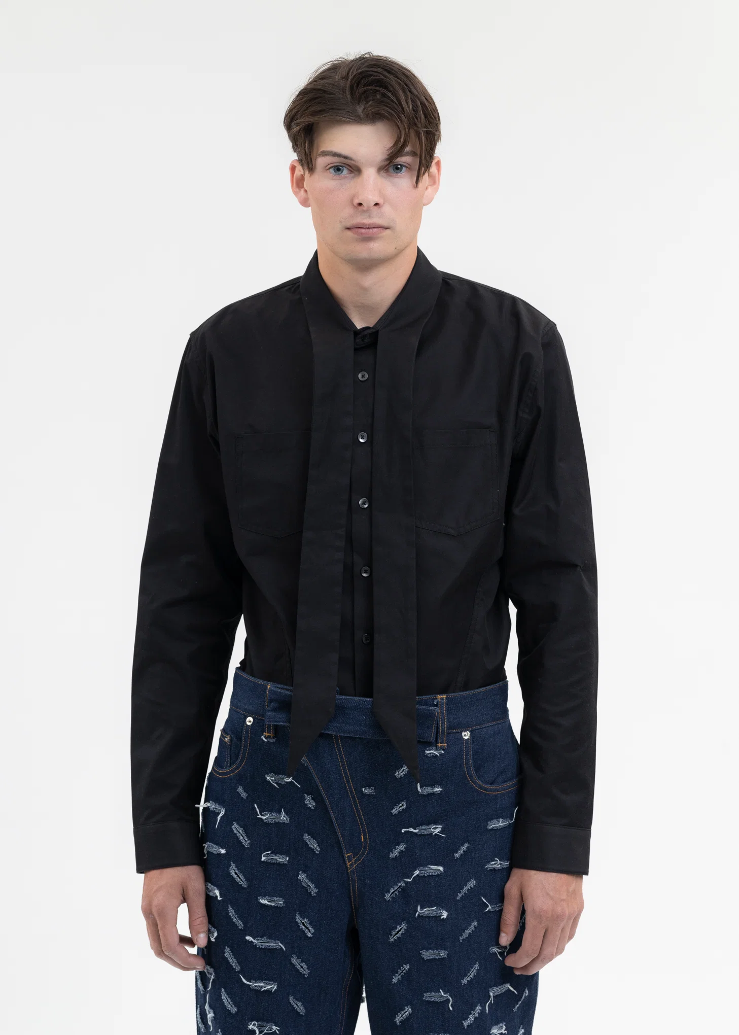BLACK SCARF TIE-NECK CORSET SHIRTS - Image 2
