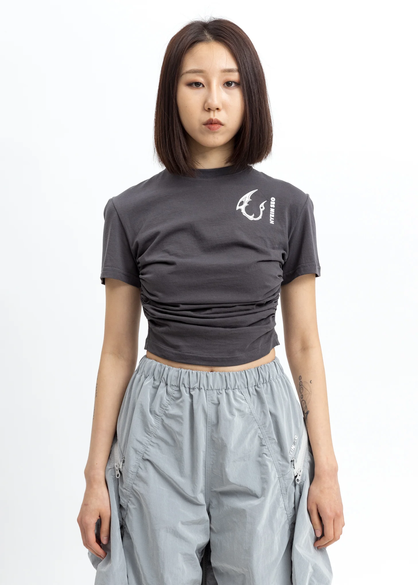 Grey Shirring Cropped Top
