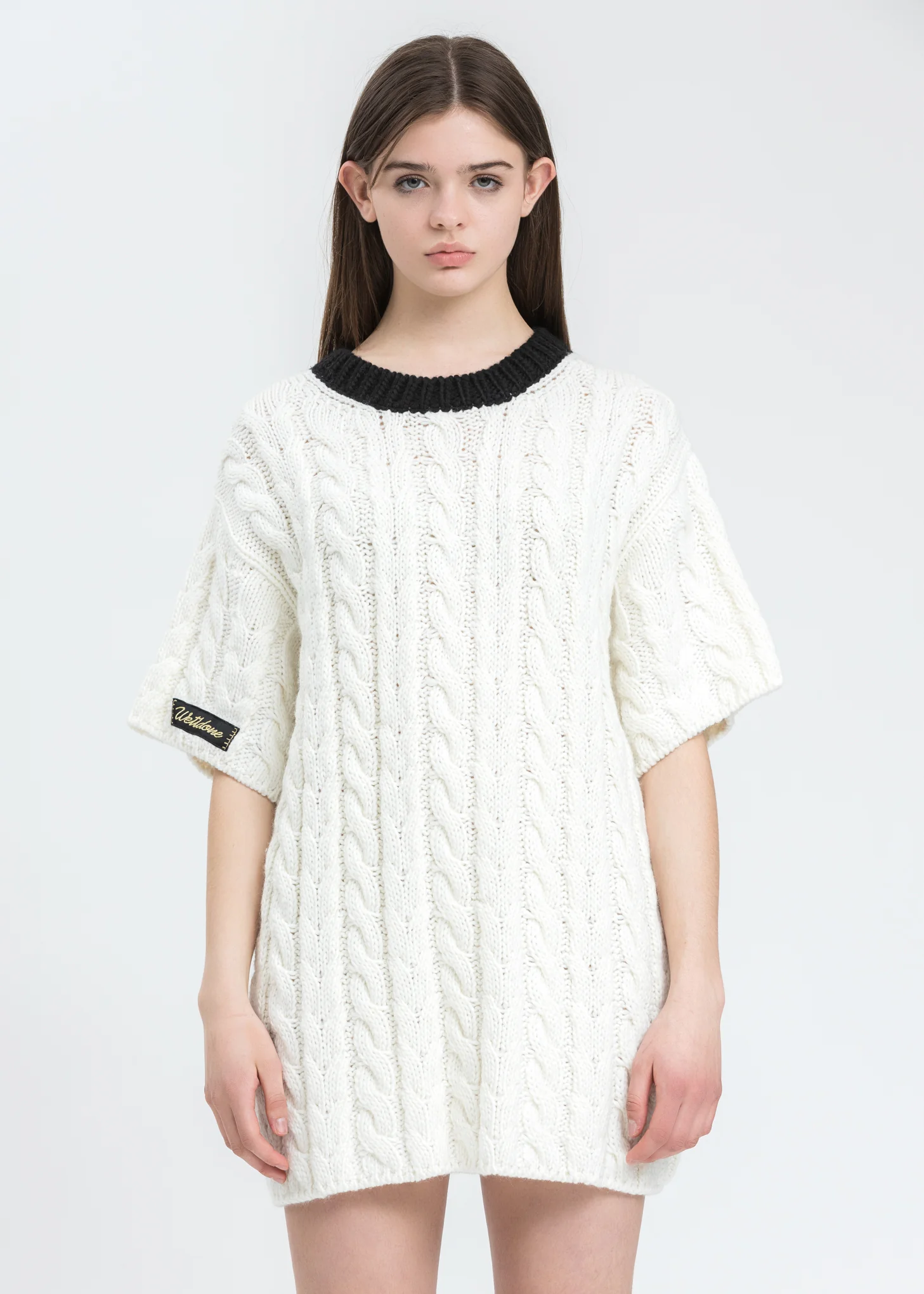 Black Short Sleeve Cable Sweater