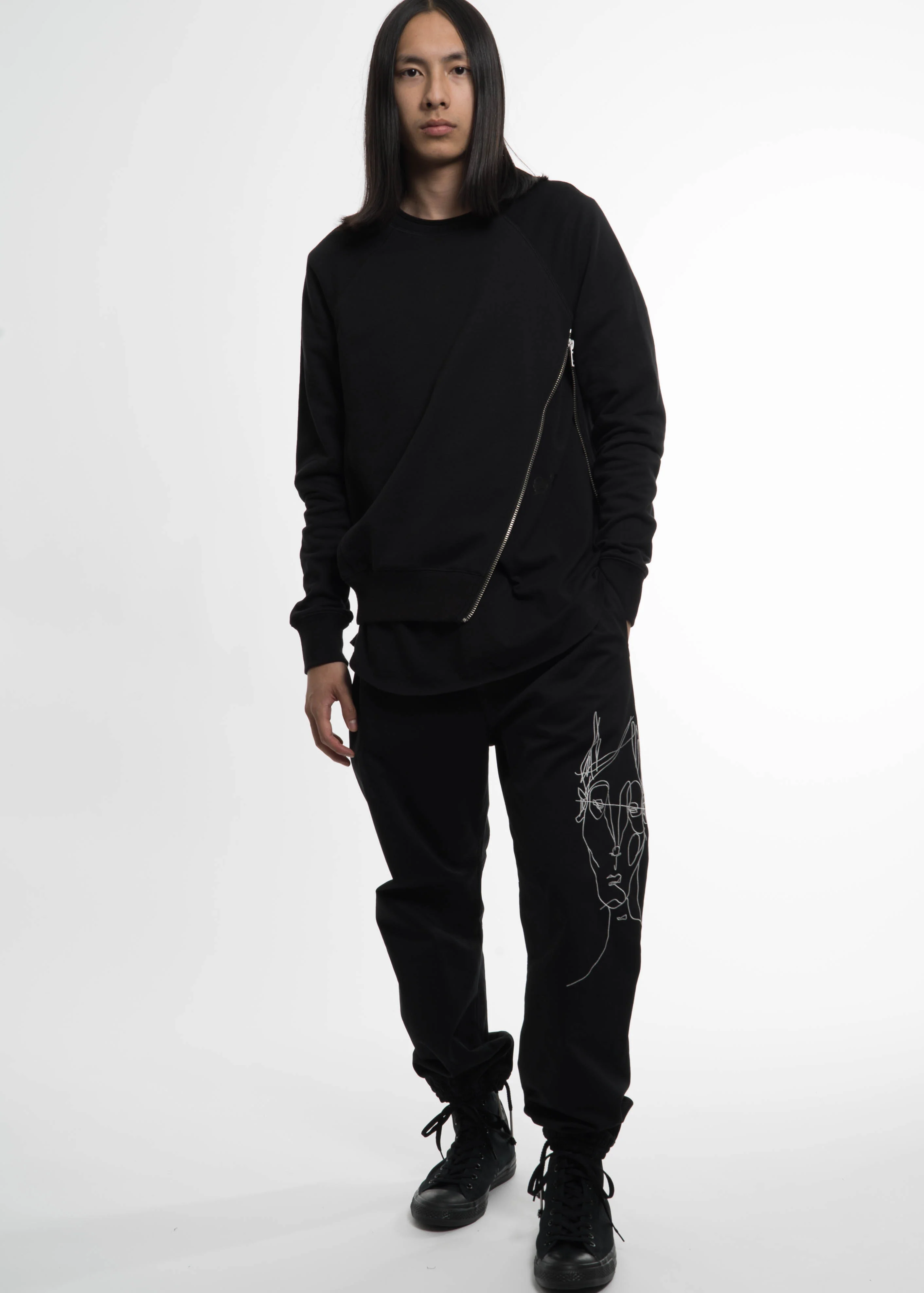 Black Side Zip Crew Sweatshirt