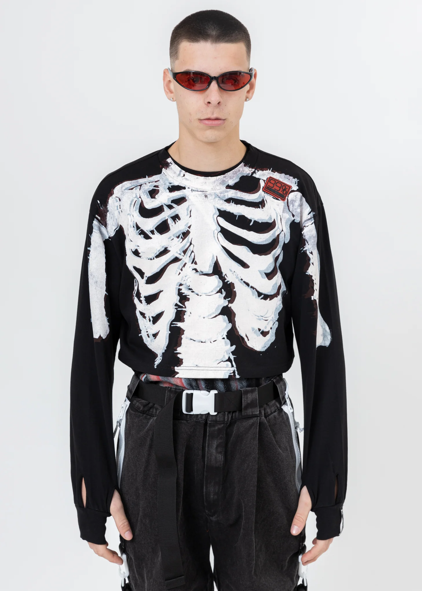 Black Skull Crop  Long Sleeve T-Shirt