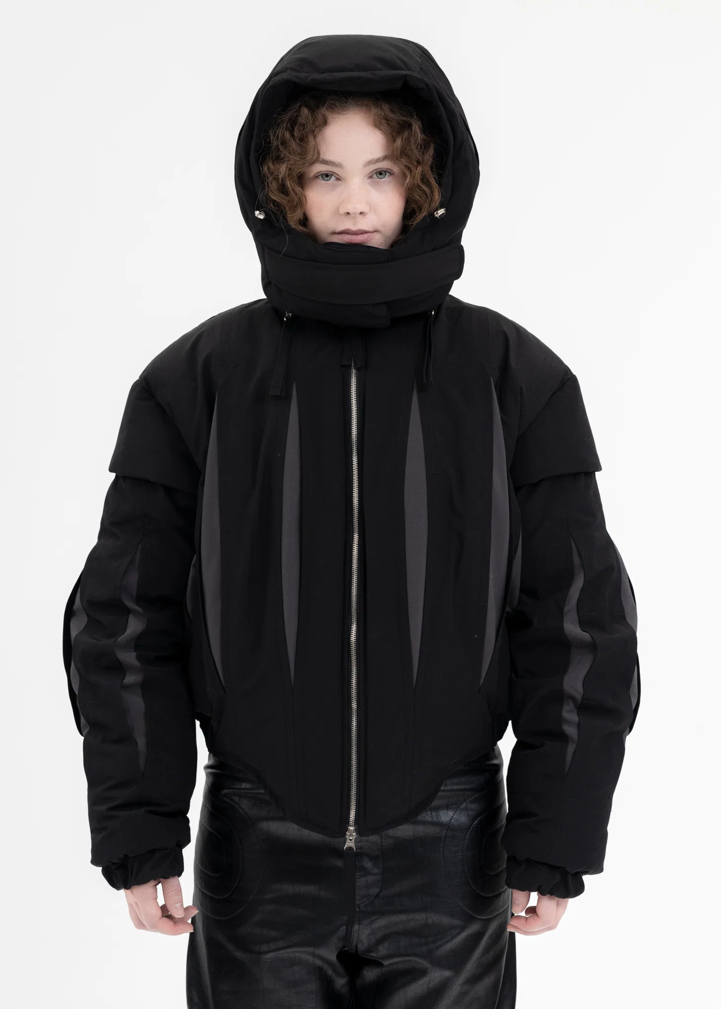 BLACK SLASHED DOUBLE PUFFER JACKET