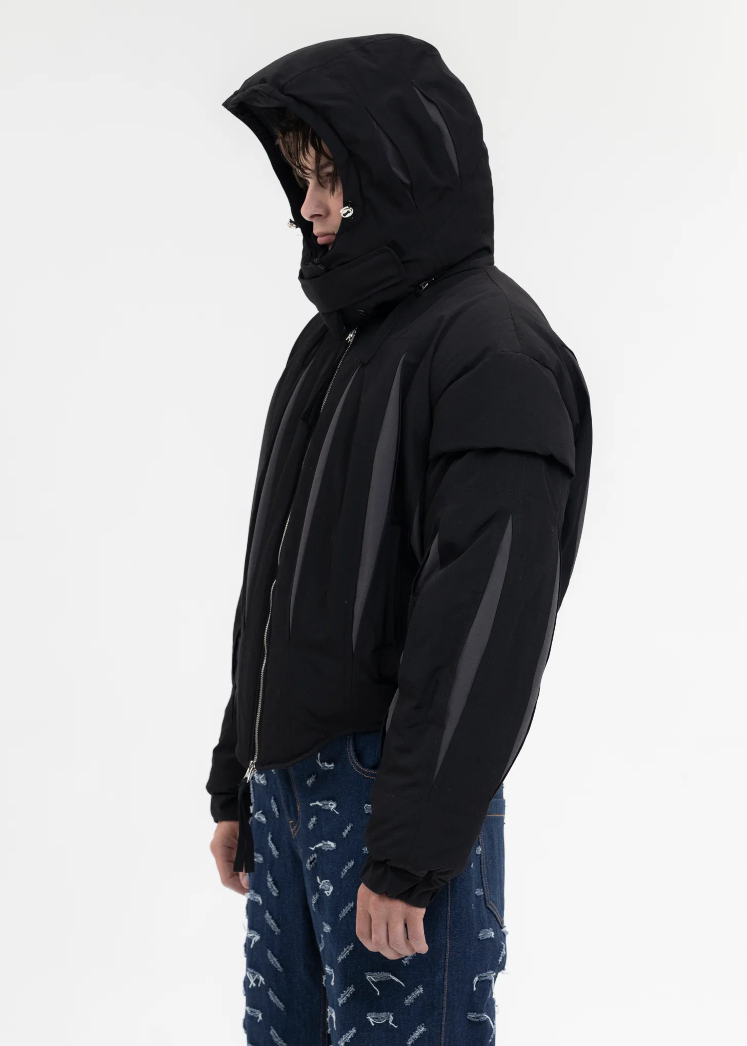 BLACK SLASHED DOUBLE PUFFER JACKET - Image 3