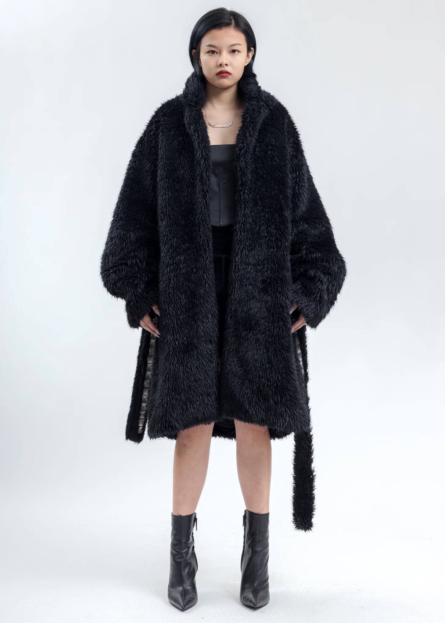 Black Spike Fur Long Coat - Image 3