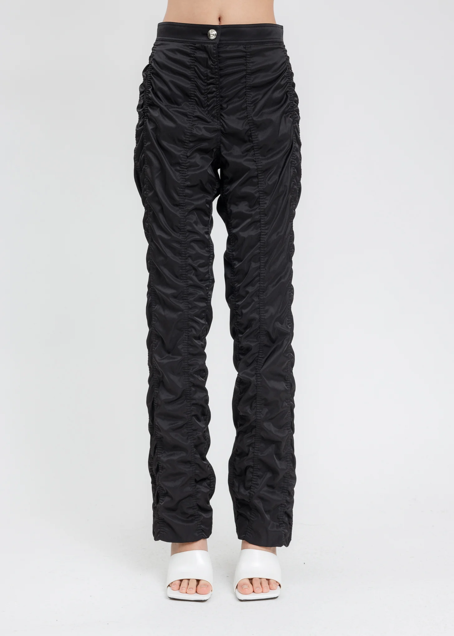 Black Straight Leg Shirring Zipper Pants
