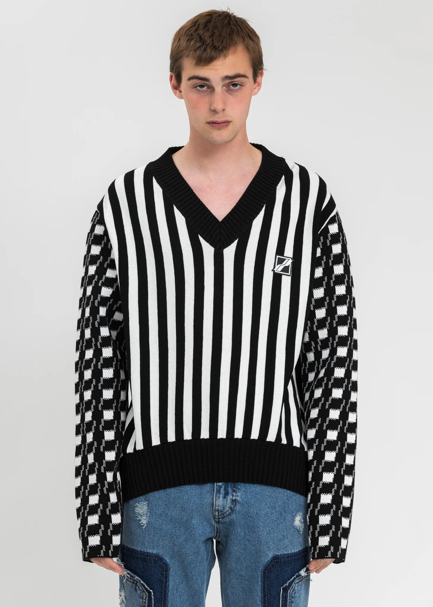 Black Stripe Gingham Check V-Neck Pullover