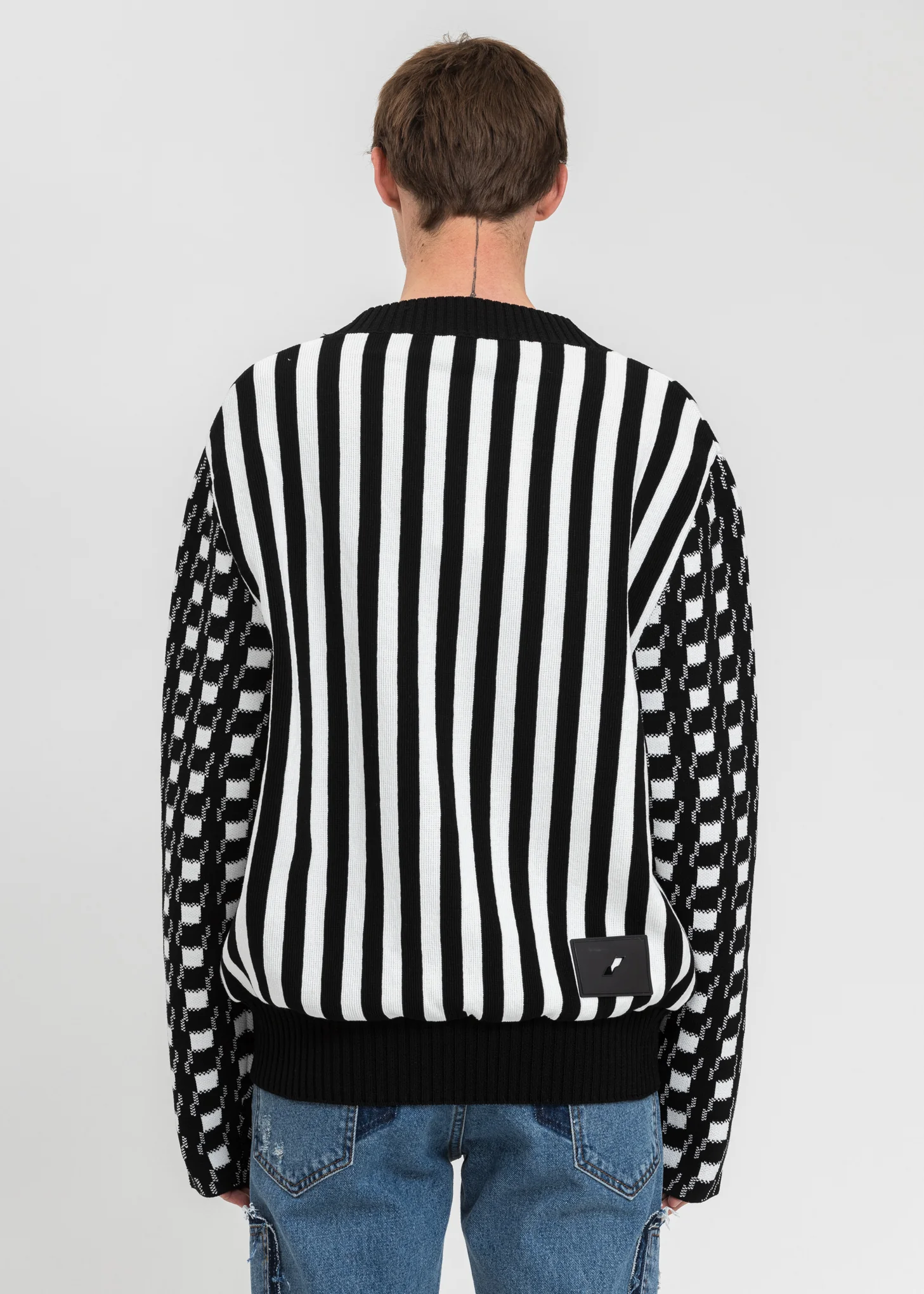 Black Stripe Gingham Check V-Neck Pullover - Image 2
