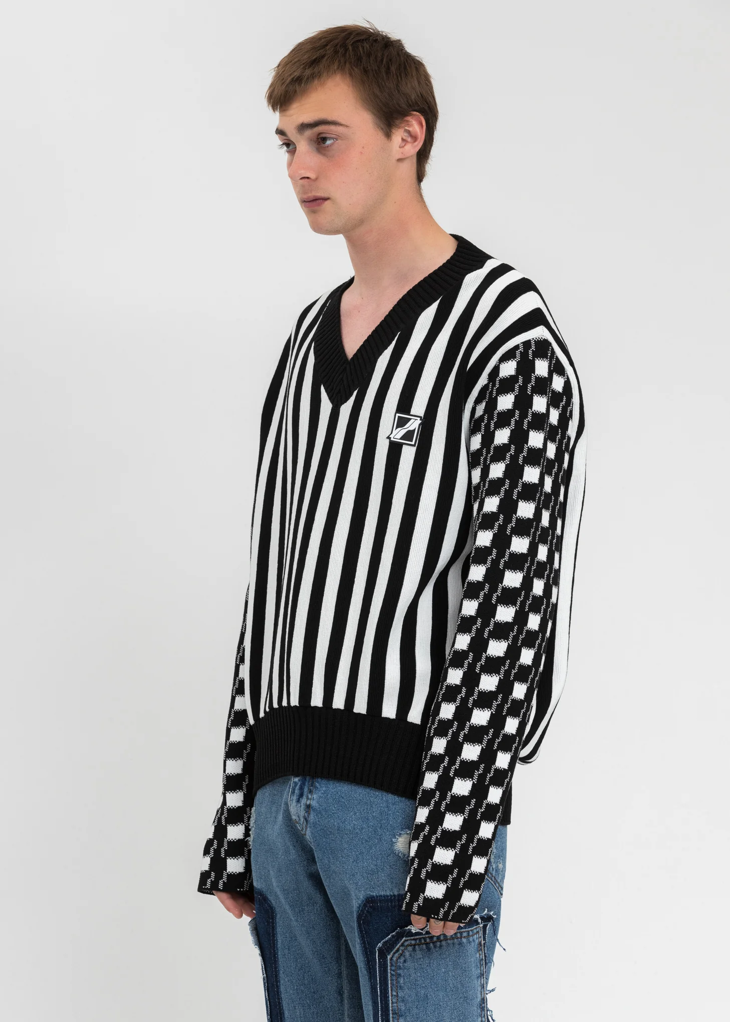 Black Stripe Gingham Check V-Neck Pullover - Image 3