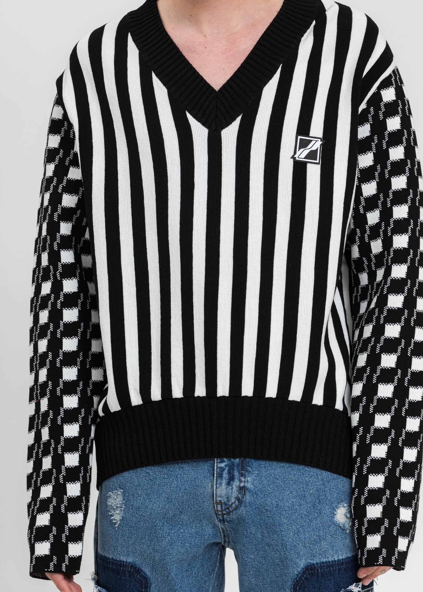 Black Stripe Gingham Check V-Neck Pullover - Image 4