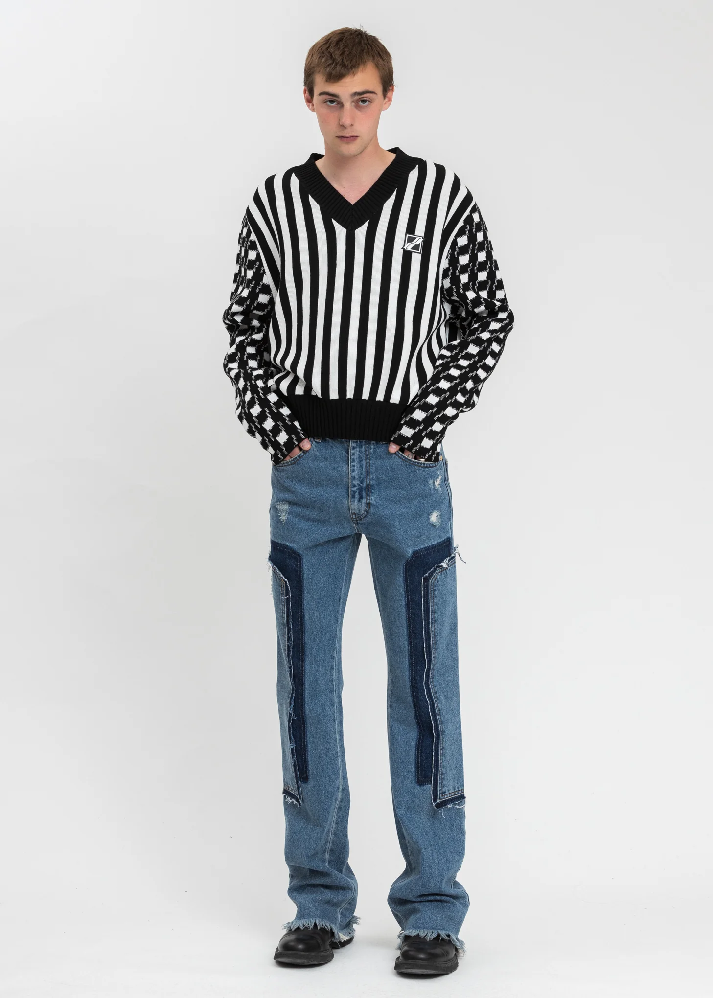 Black Stripe Gingham Check V-Neck Pullover - Image 5