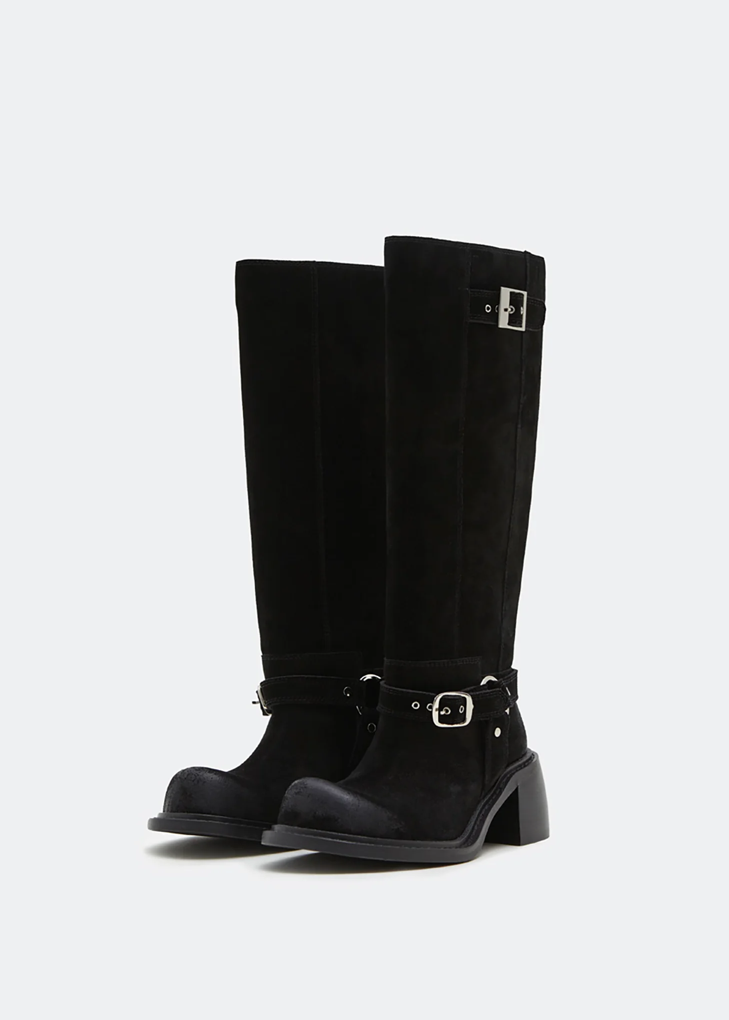 Black Suede Leather Silver Buckle High-Calf Boots