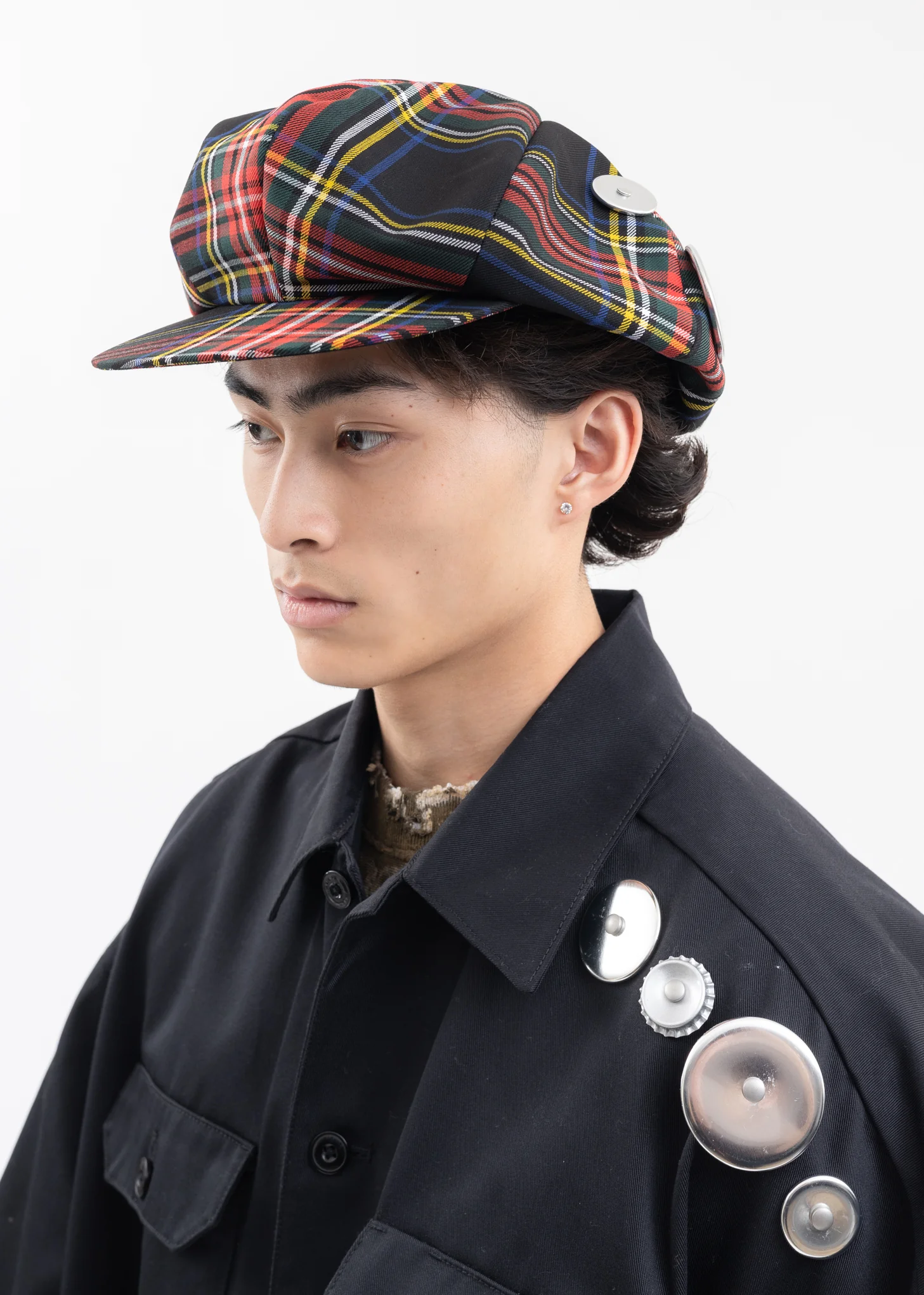 Black Tartan Check Metal Badges Casquette KIDILL × CA4LA Collaboration - Image 3