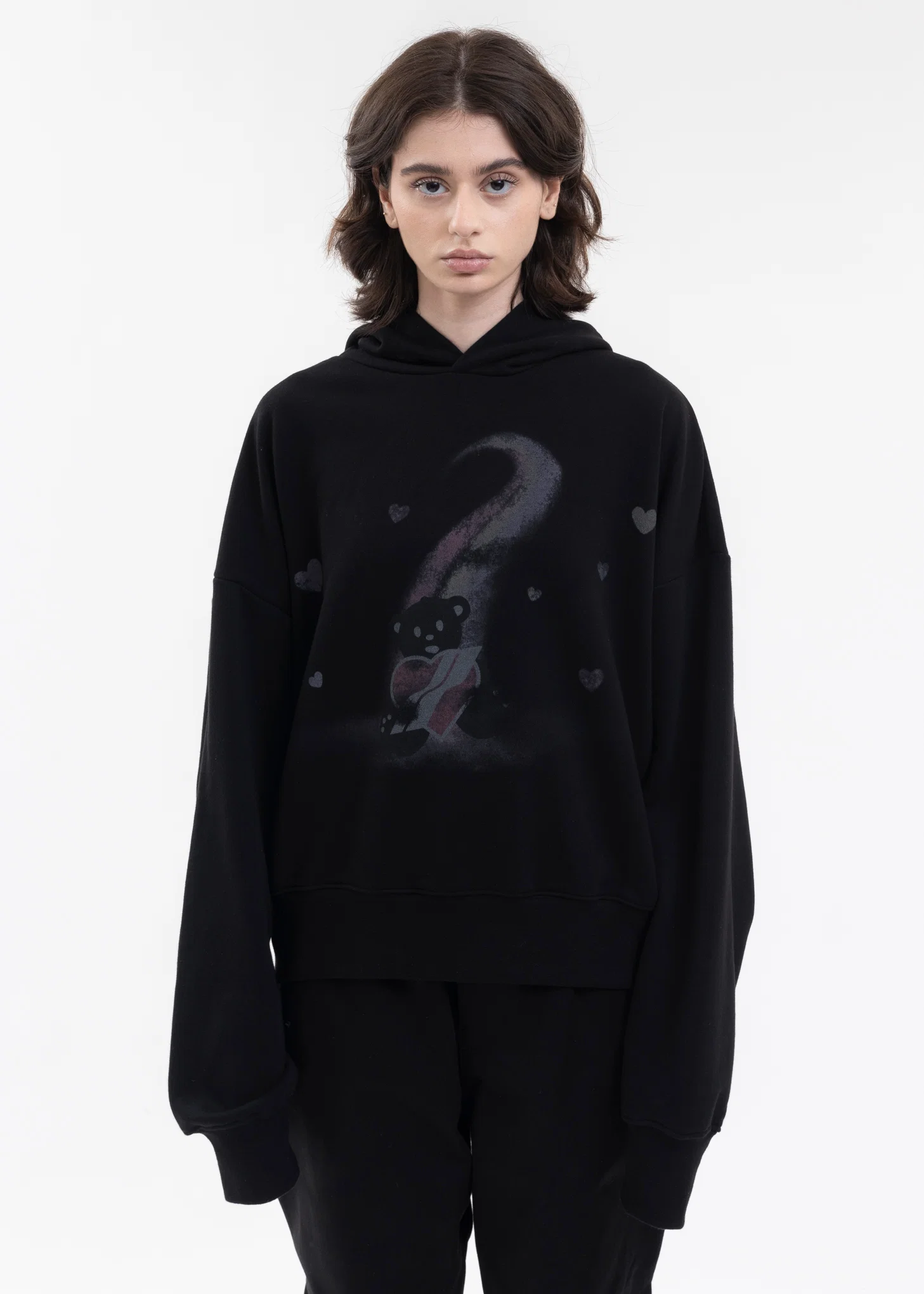 BLACK TEDDY BEAR PRINT HOODIE