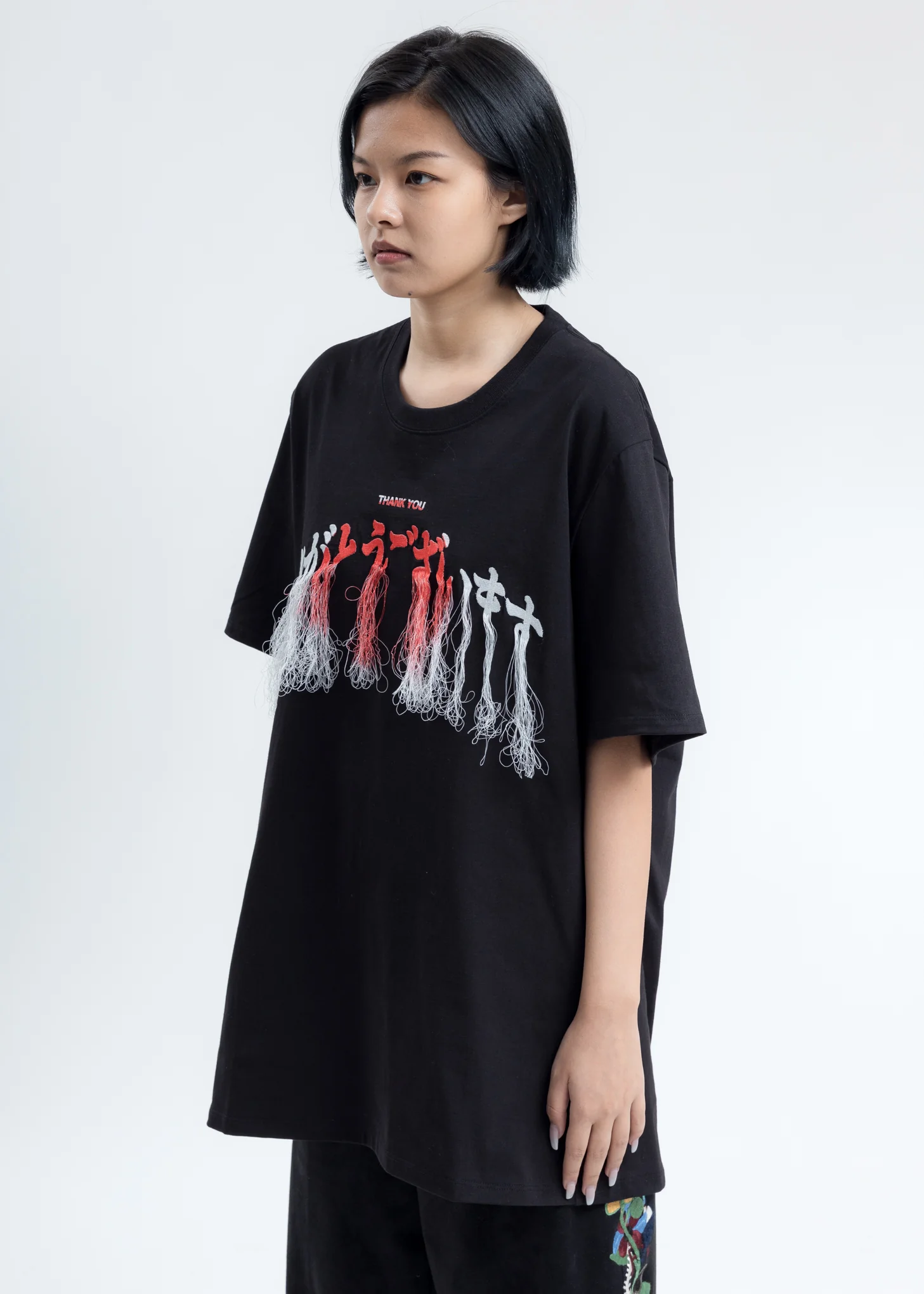 Black Thank You Fringe Embroidery T-Shirt - Image 2