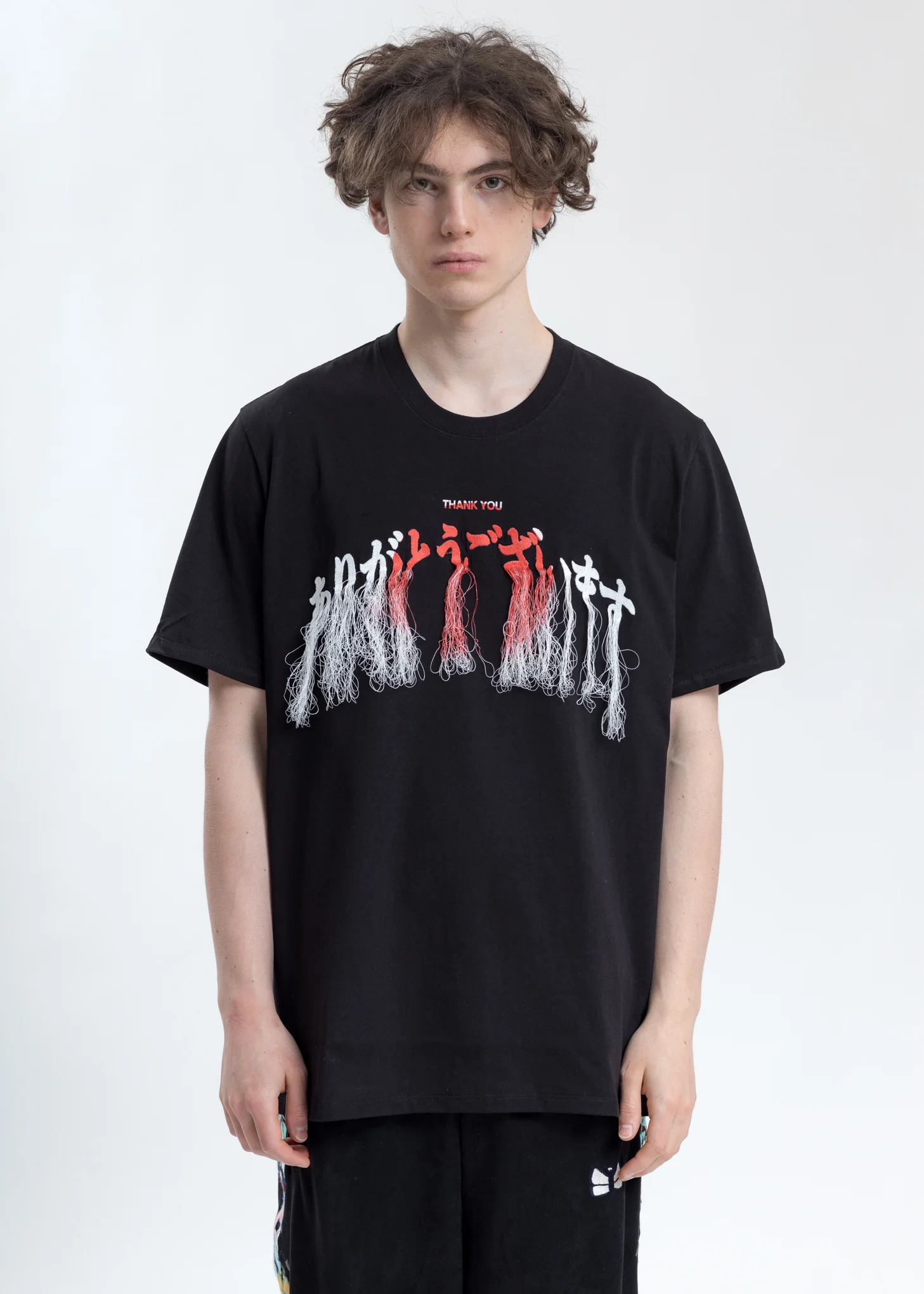Black Thank You Fringe Embroidery T-Shirt