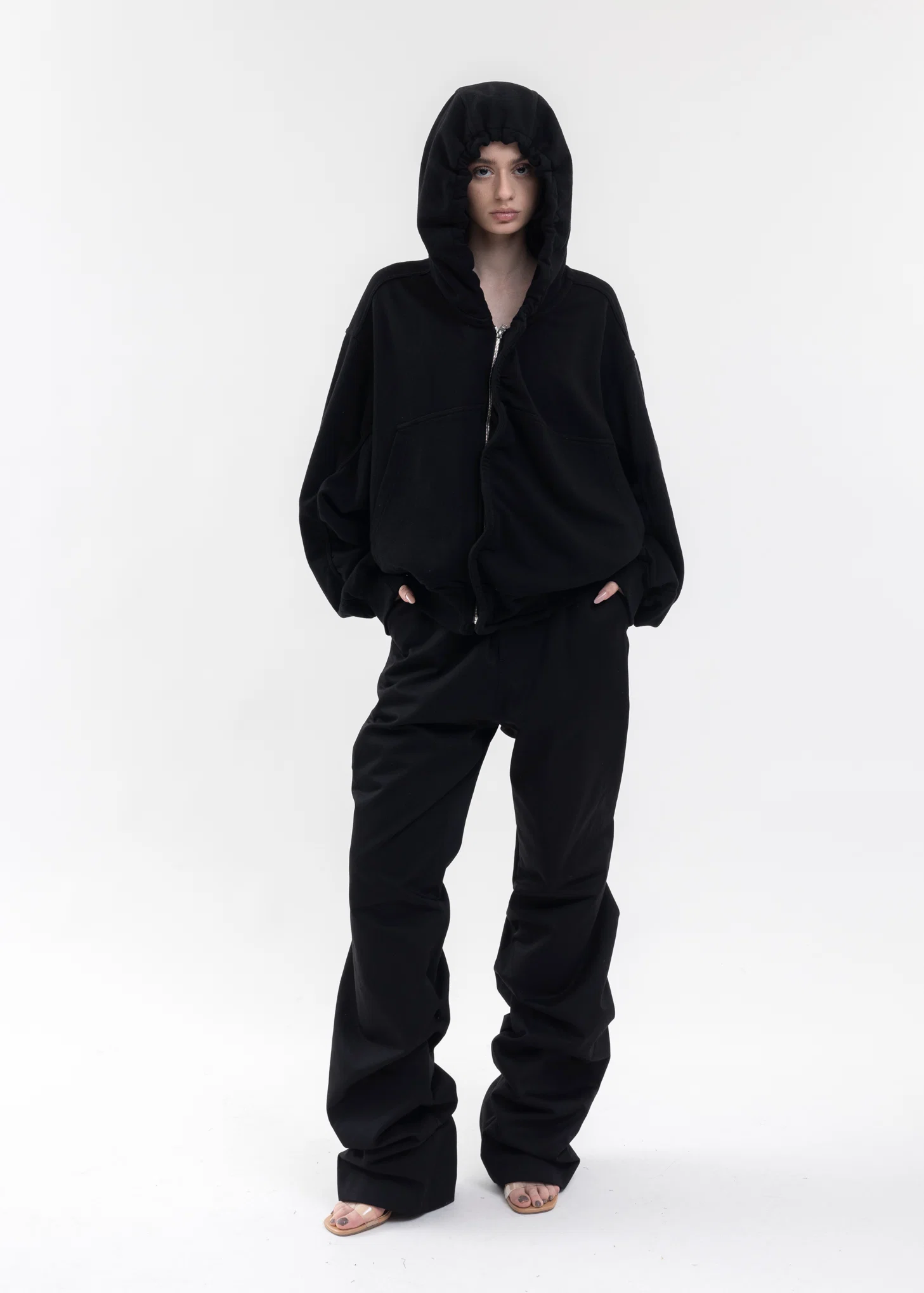 BLACK TWISTED LOOSE-FIT ZIP-UP HOODIE - Image 9