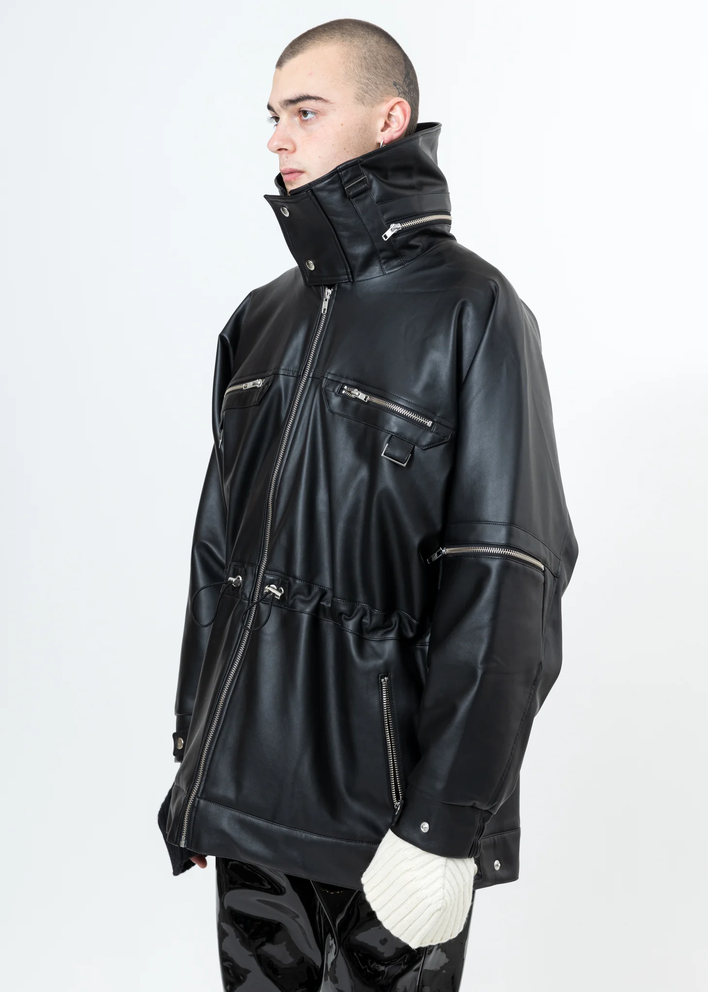 Black Vegan Leather Jacket W Adjustable Waist - Image 2
