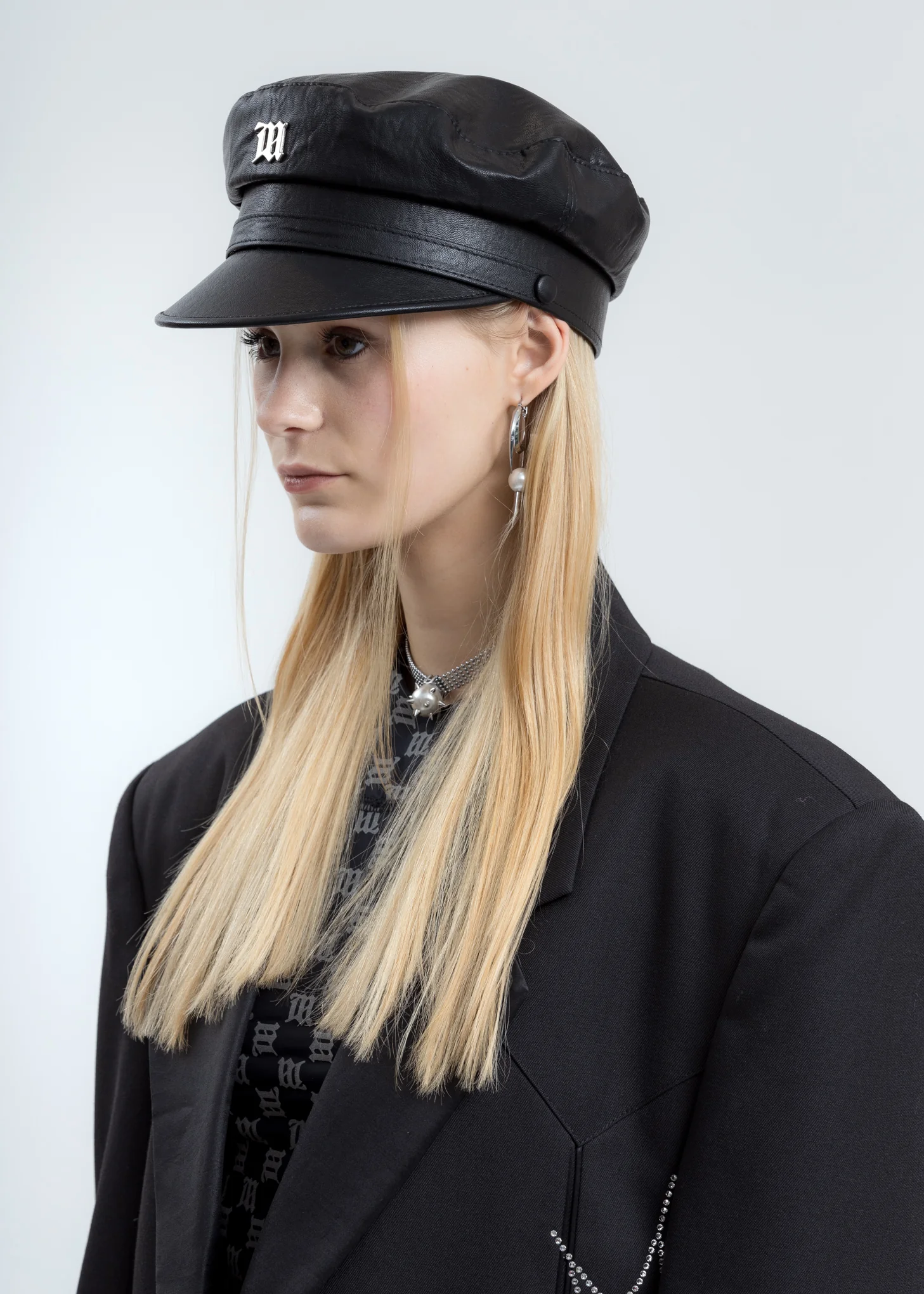 Black Vegan Leather Monogram Gavroche Cap - Image 2