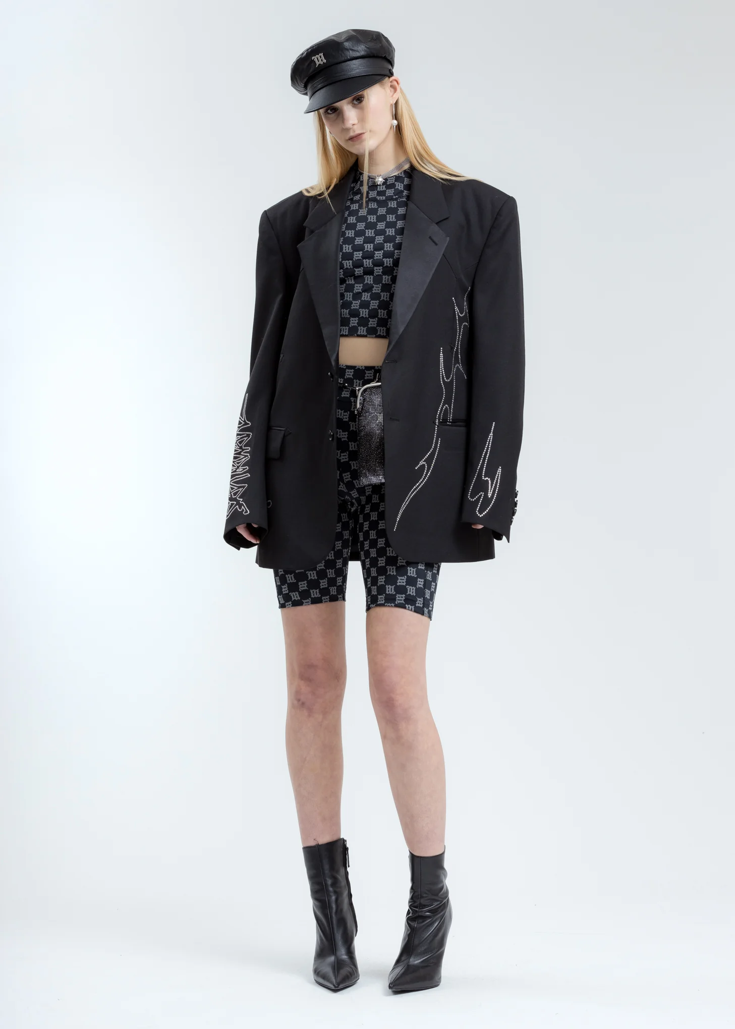 Black Vegan Leather Monogram Gavroche Cap - Image 4