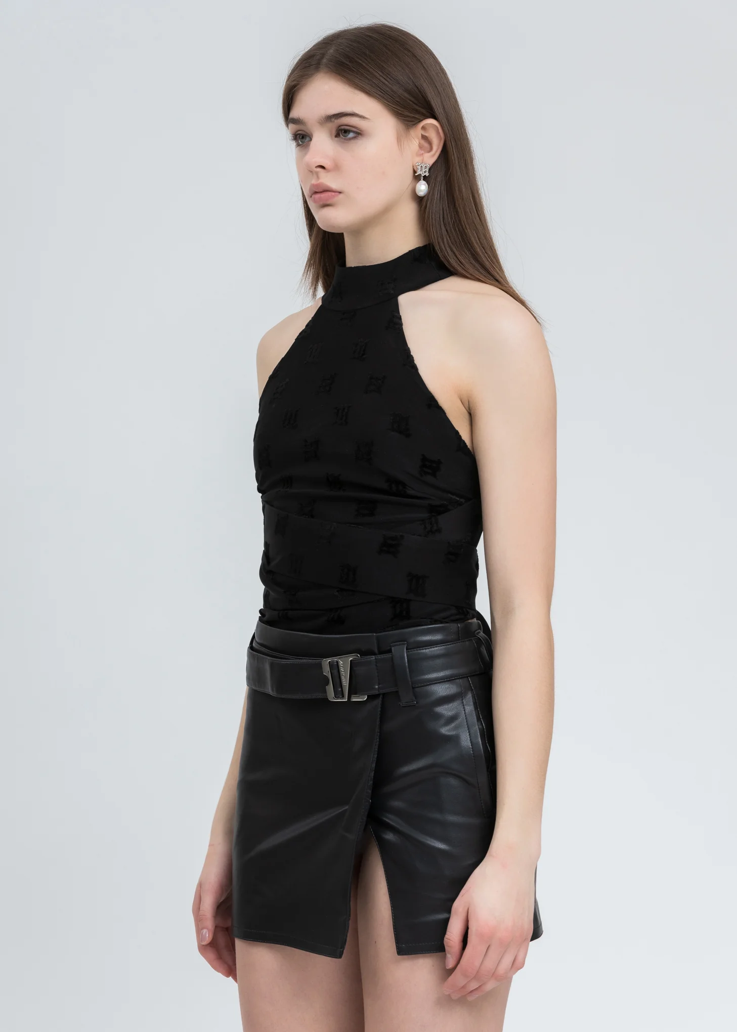 Black Velour Monogram Halterneck Top - Image 4