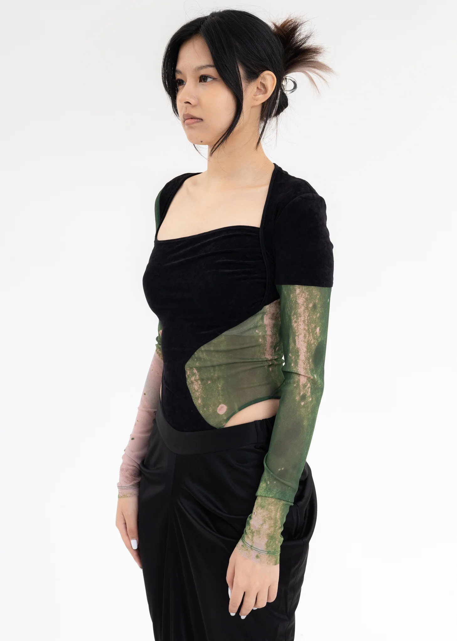 Black Velvet And Green /Pink Mesh Patchwork Bodysuit - Image 2