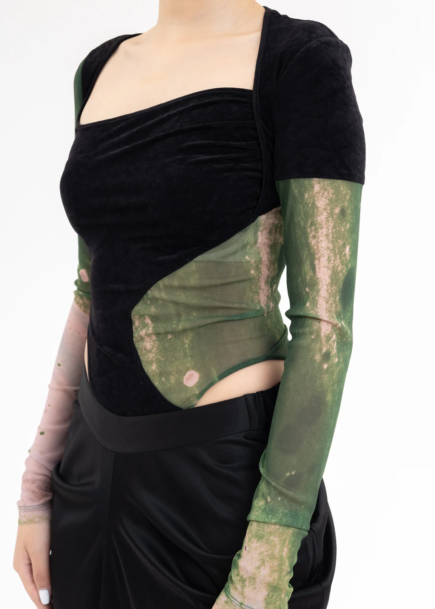 Black Velvet And Green /Pink Mesh Patchwork Bodysuit - Image 3
