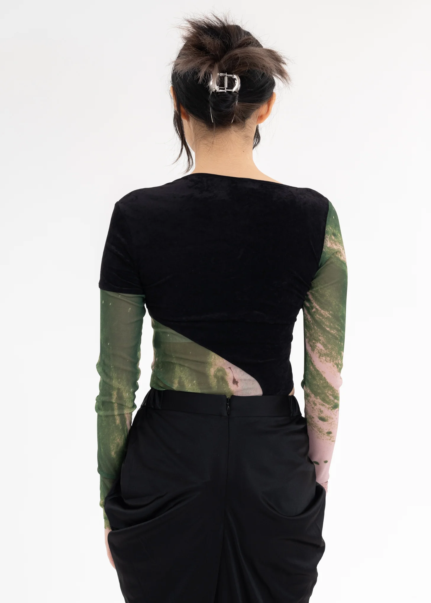 Black Velvet And Green /Pink Mesh Patchwork Bodysuit - Image 5