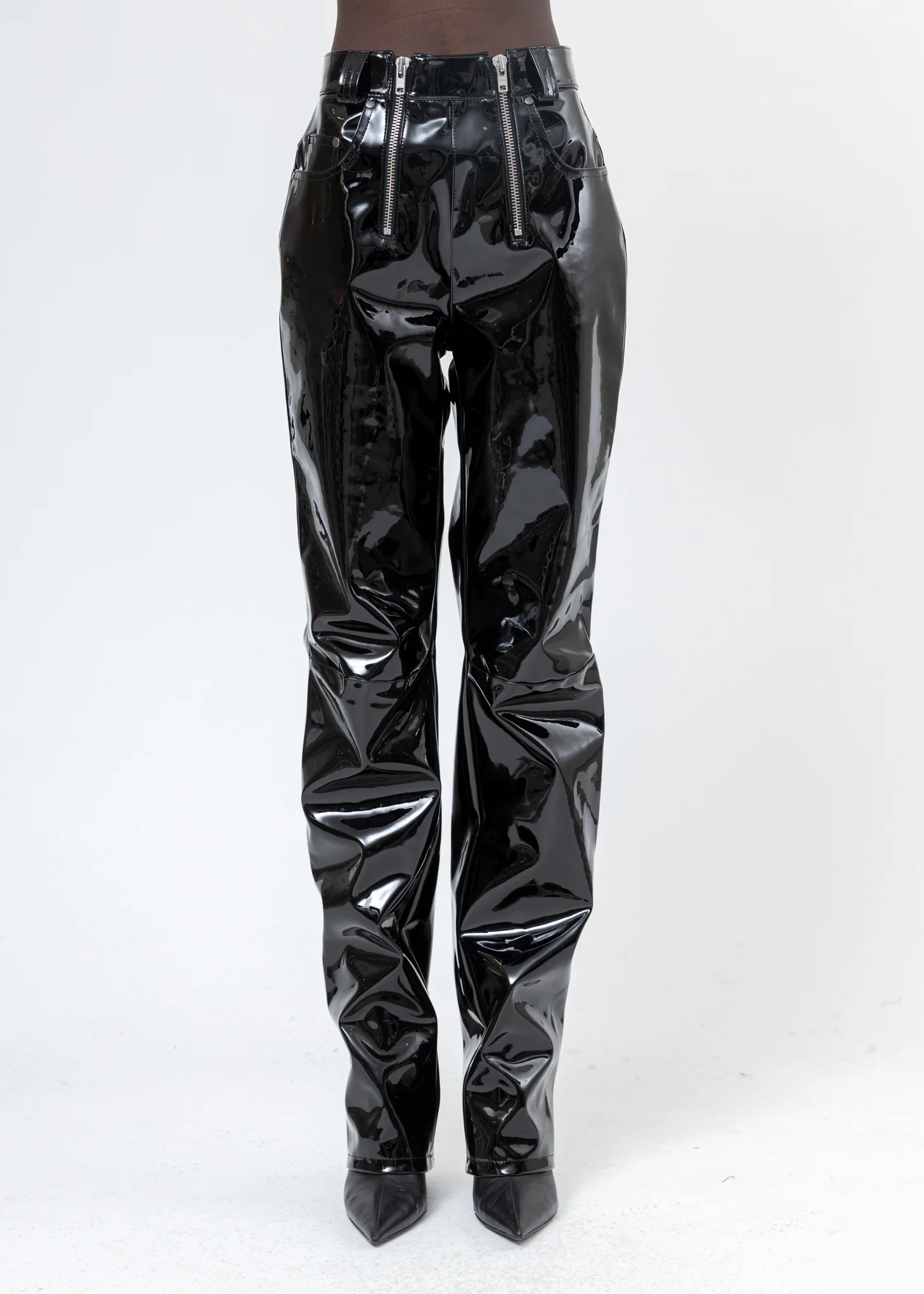 Black Vinyl Trousers W Double Zips (High Waist)