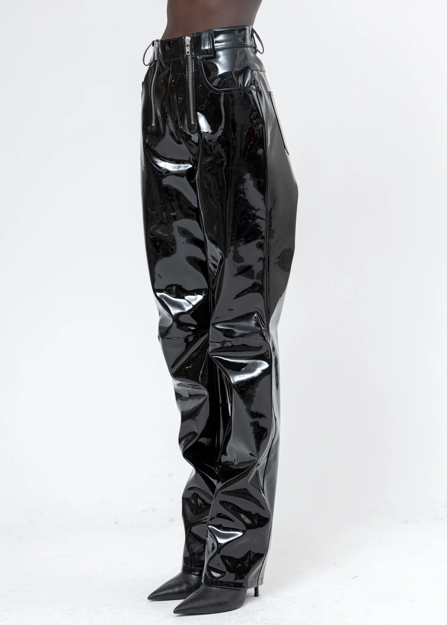 Black Vinyl Trousers W Double Zips (High Waist) - Image 2