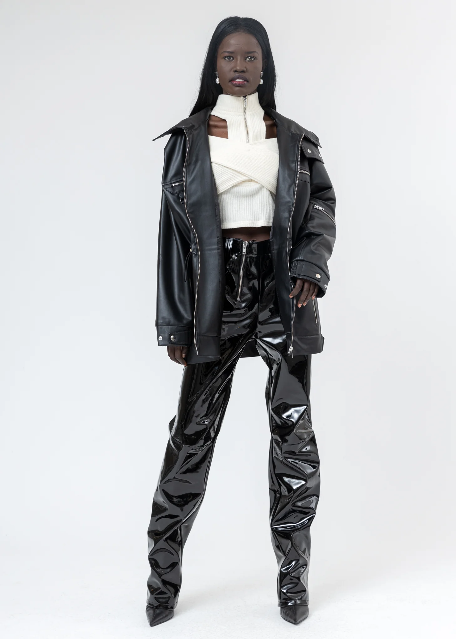 Black Vinyl Trousers W Double Zips (High Waist) - Image 5