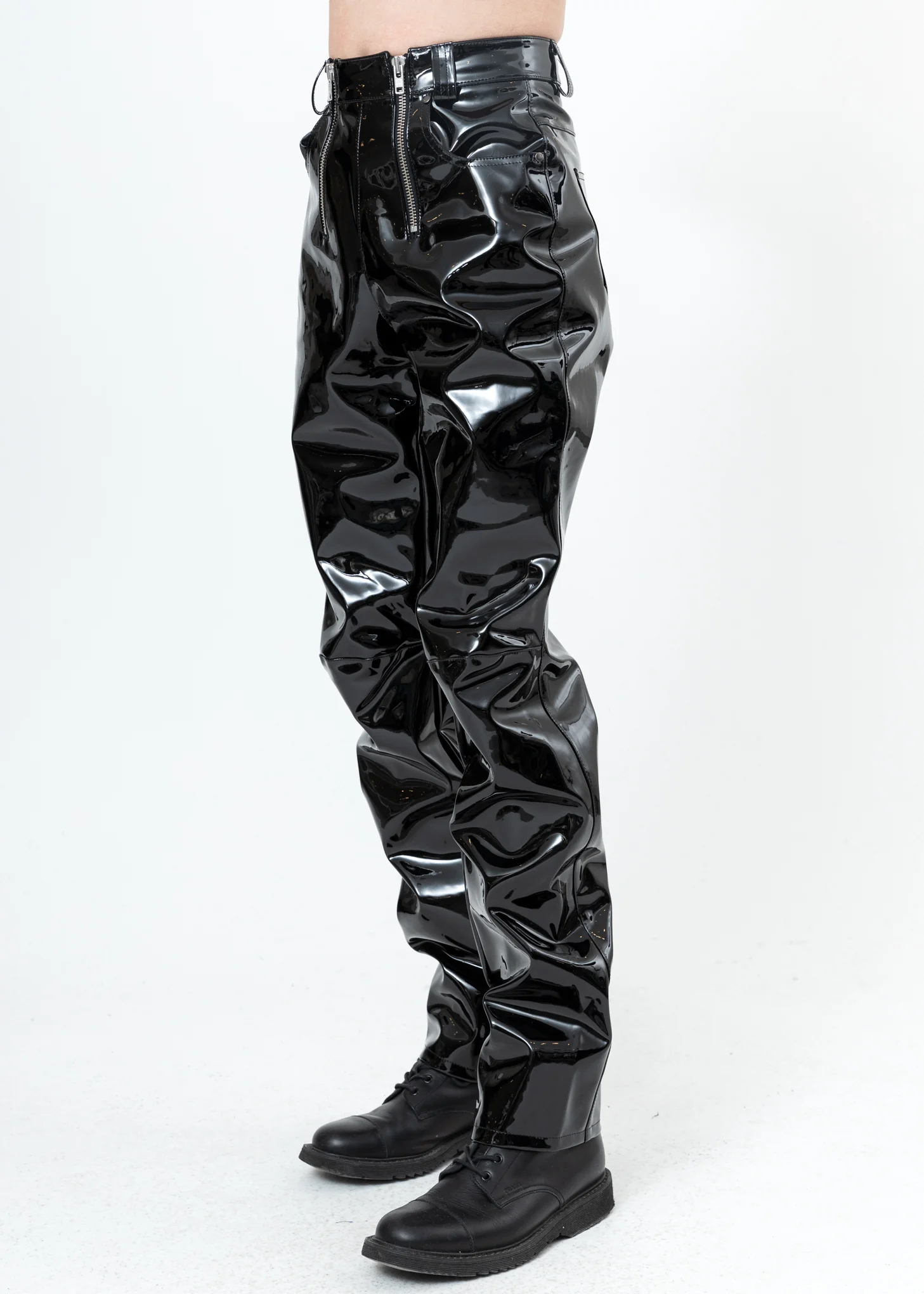 Black Vinyl Trousers W Double Zips (High Waist) - Image 2