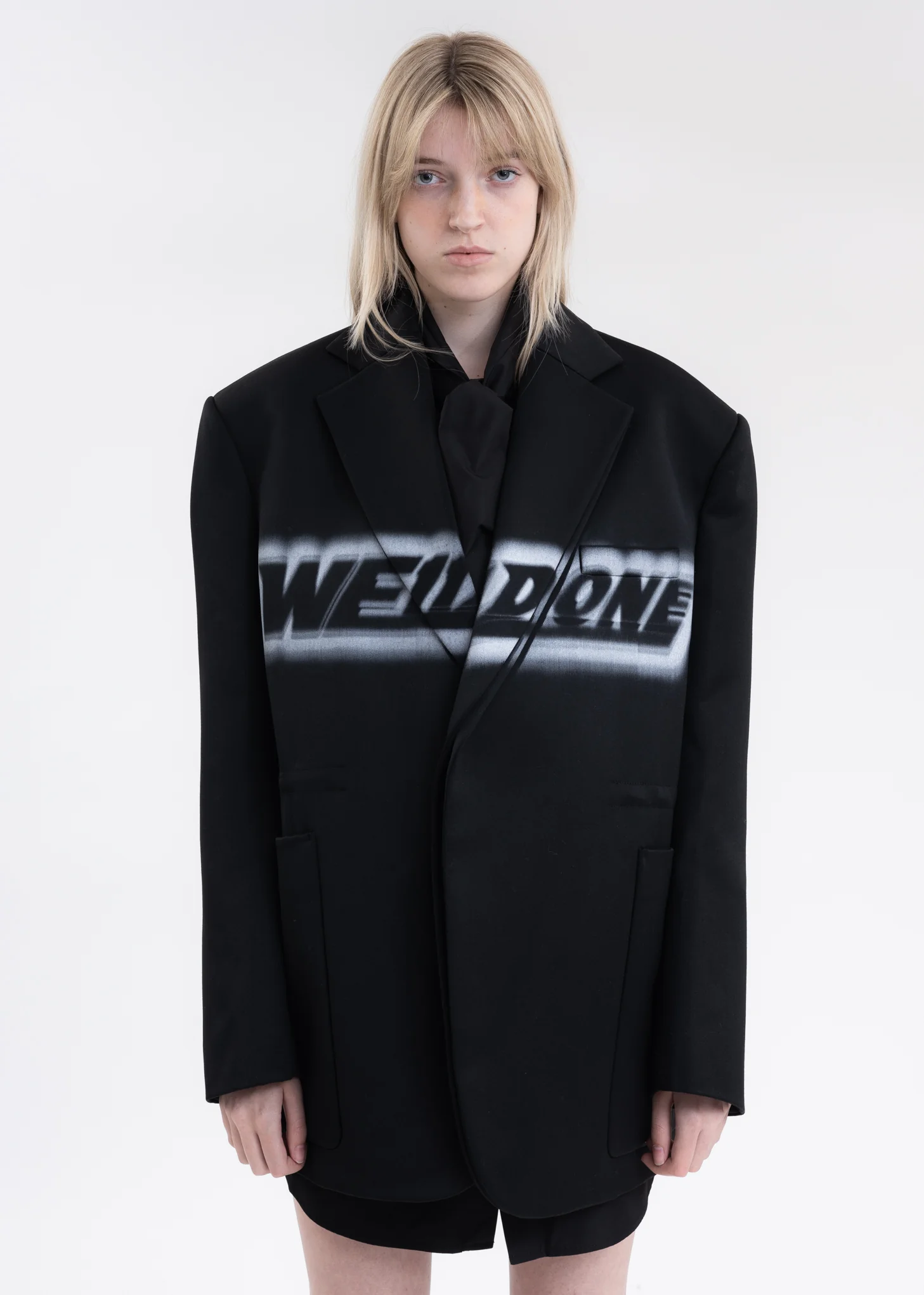 BLACK WAIST STRING JACKET WITH FRONT LOGO PRINT