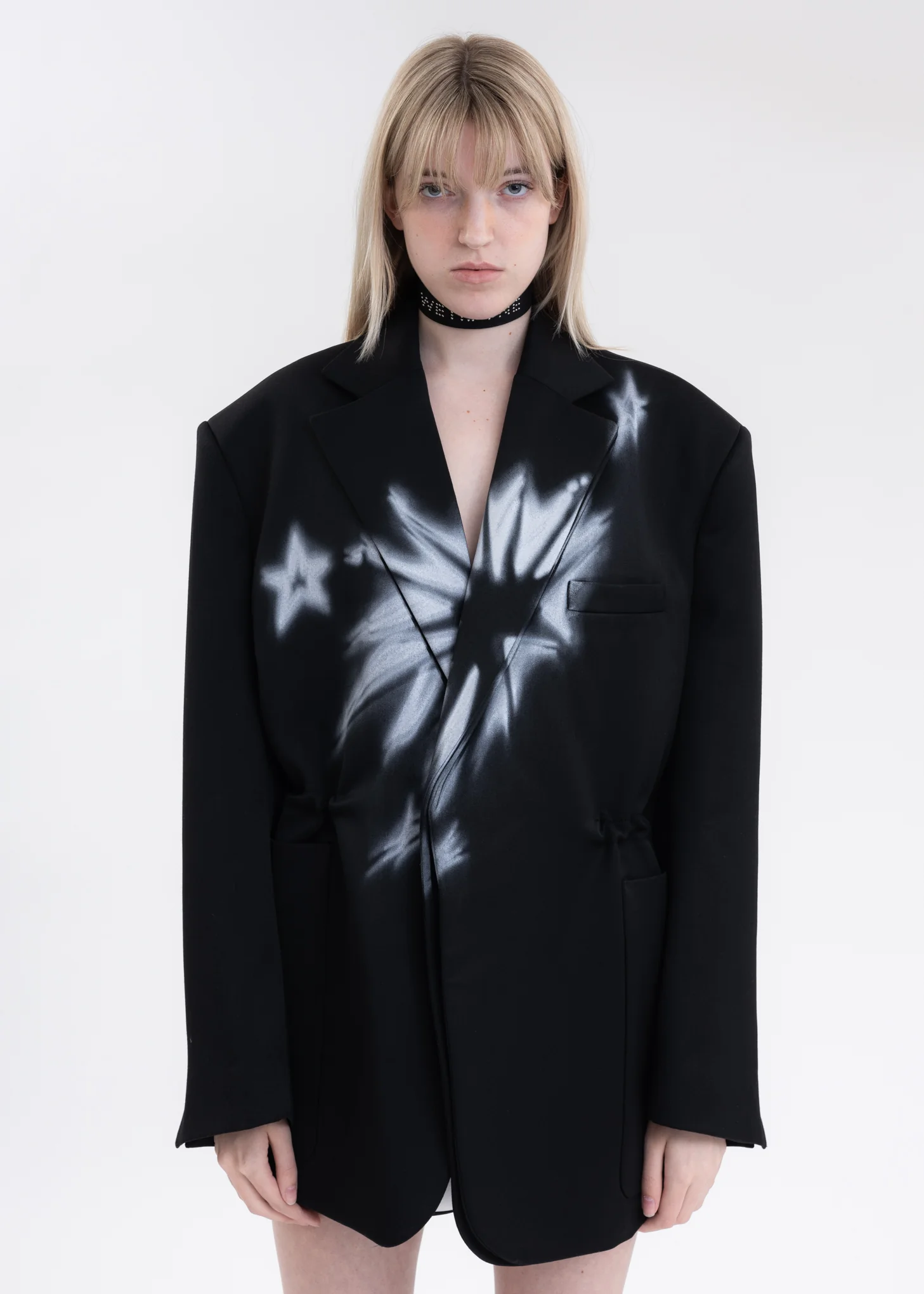 BLACK WAIST STRING JACKET WITH STAR PRINT